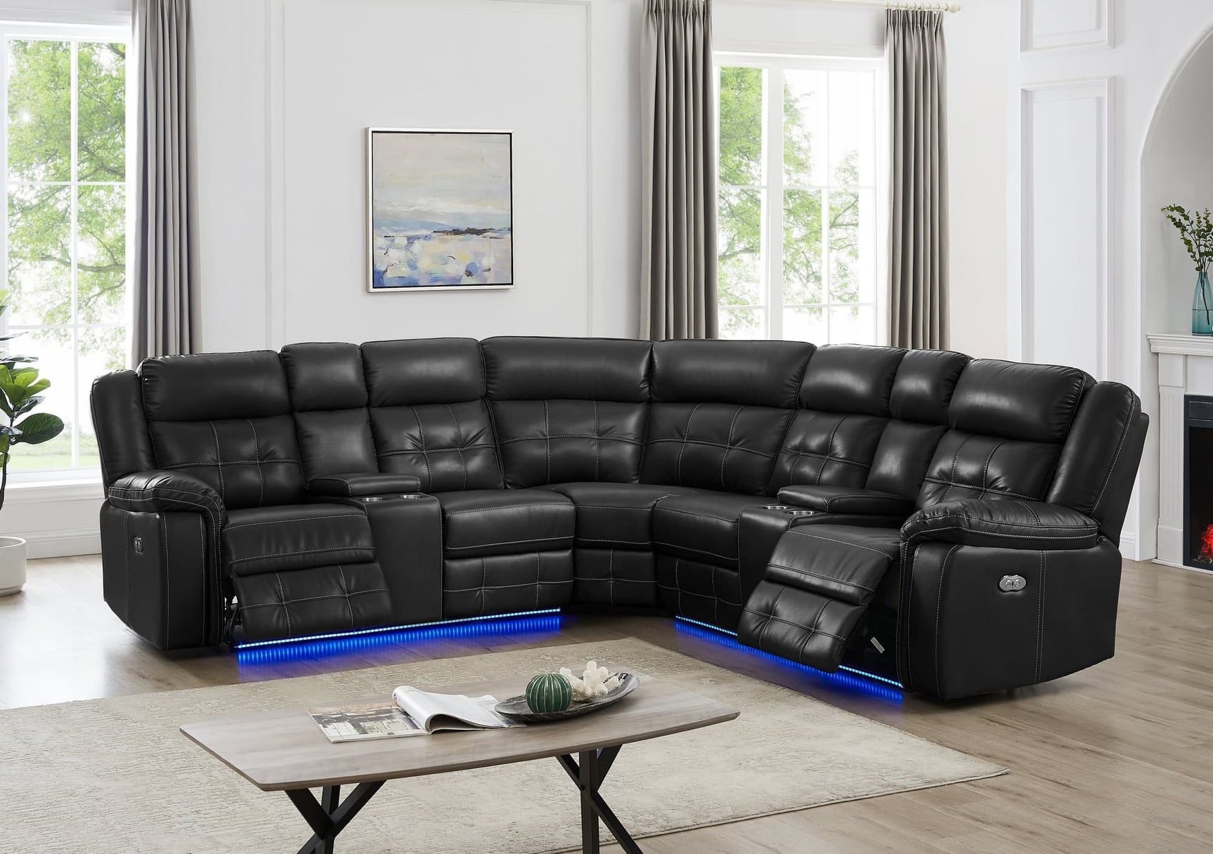 Amazon2026 black leather gel power reclining sectional front angle