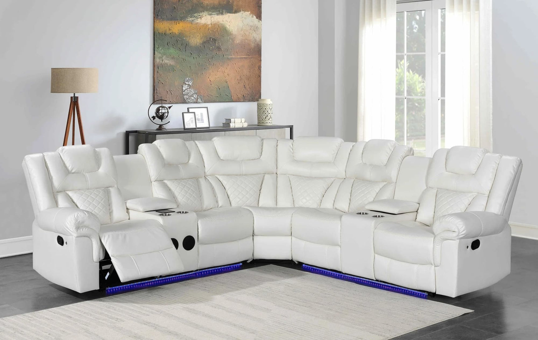 Alexa2023 white leather reclining sectional sofa front view