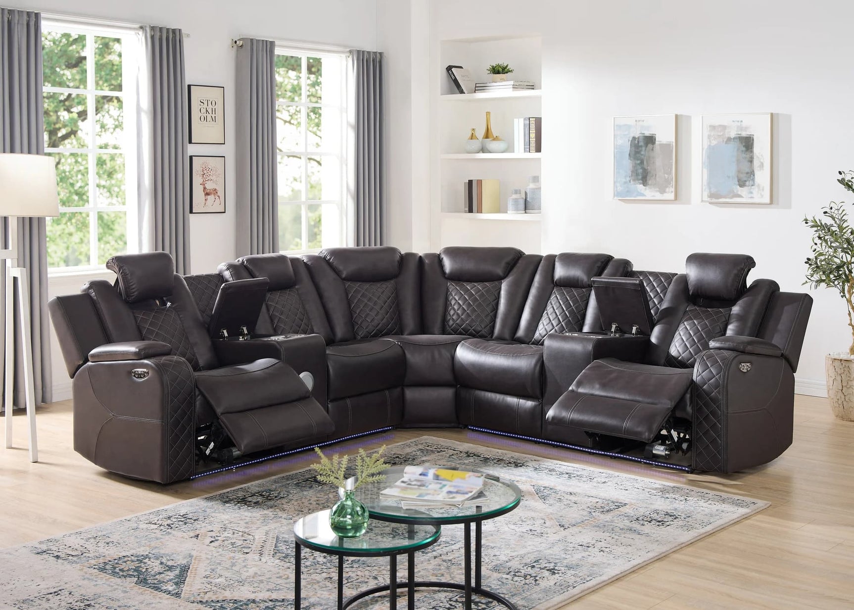 Spaceship espresso leather gel power reclining sectional sofa front view