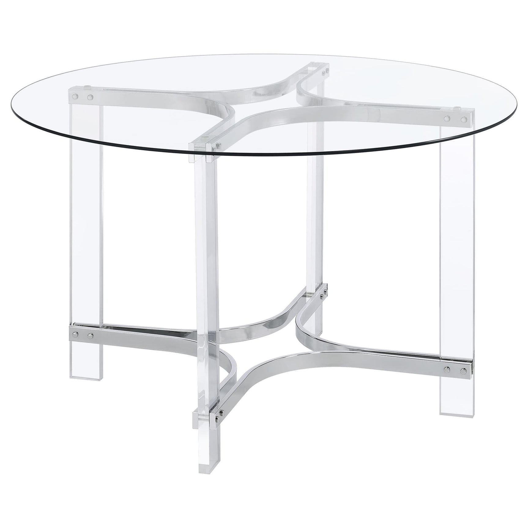 Adino 47-inch round glass top acrylic dining table with chrome base front view
