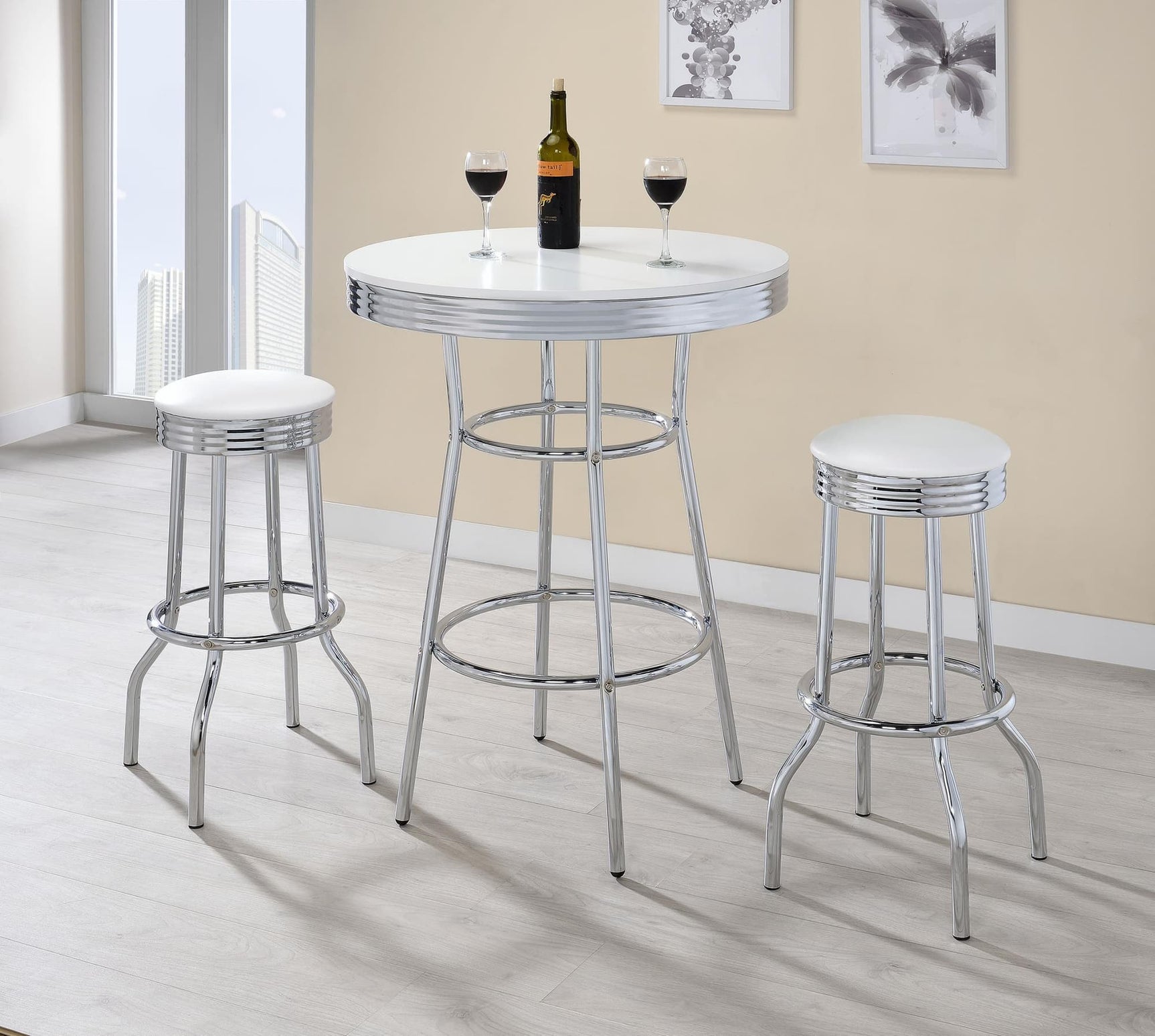 Retro Chrome 3-piece bistro pub bar table set with round white laminate top and chrome base