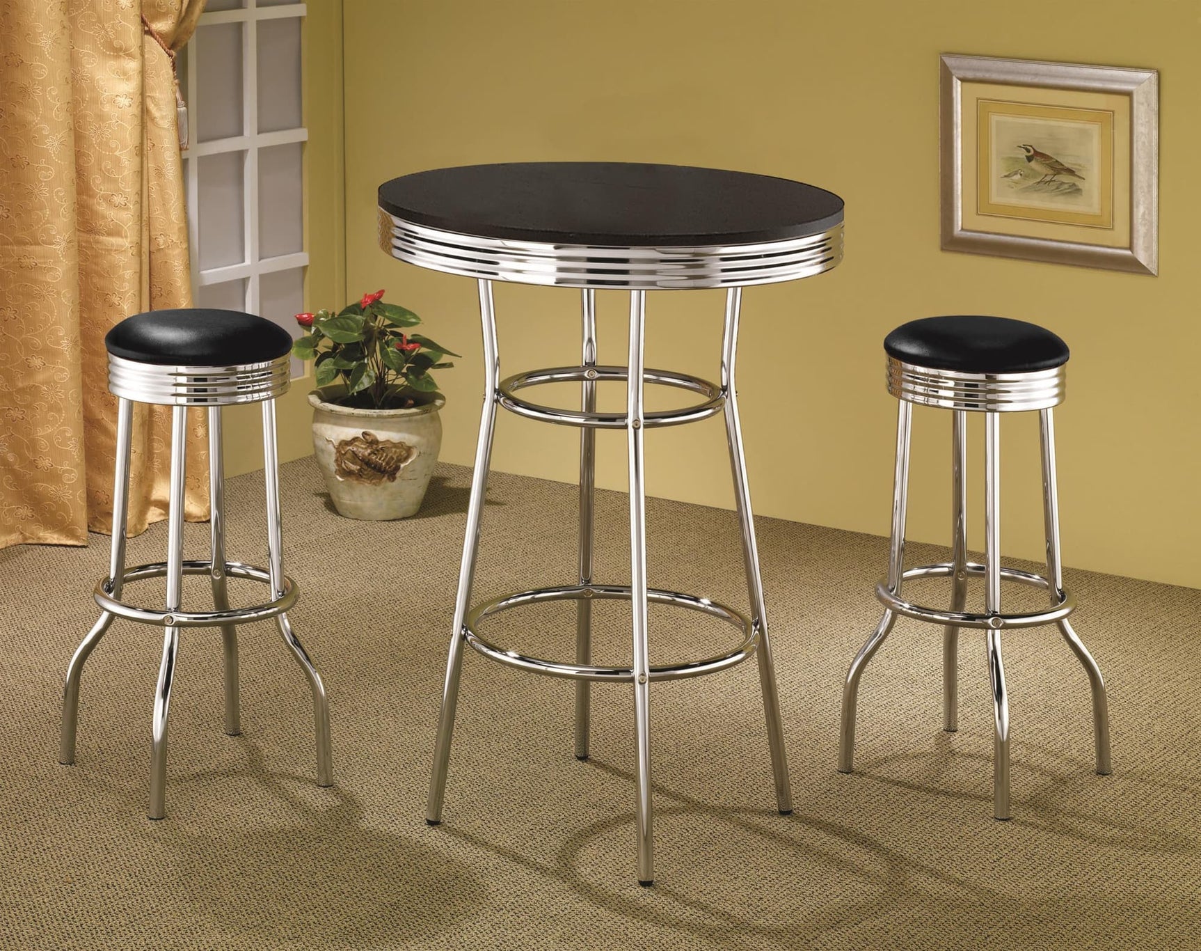 Retro Chrome 3-piece round 1950s bistro pub bar table set with black leatherette stools