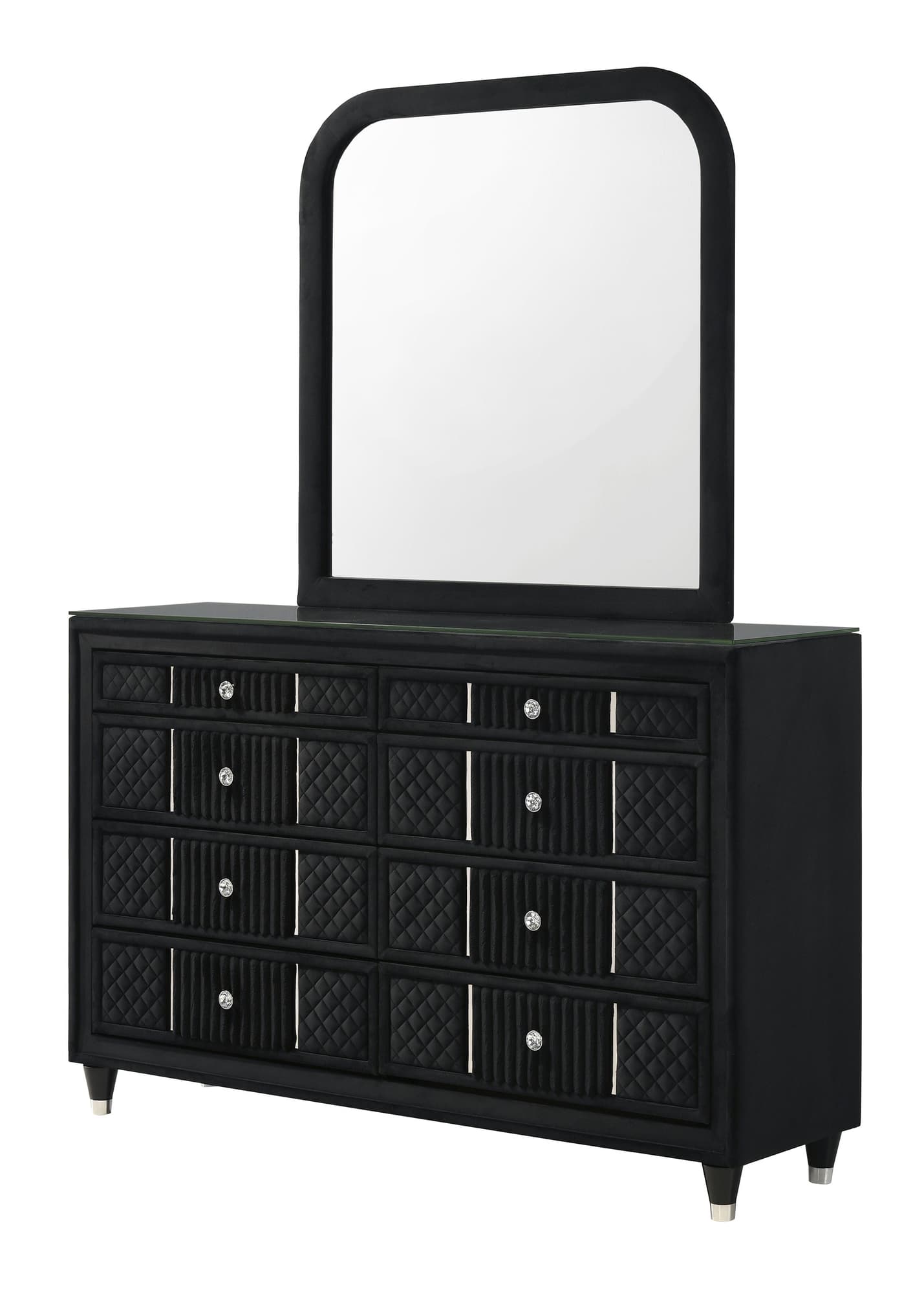 Armany Black Upholstered Dresser with glass top, front view