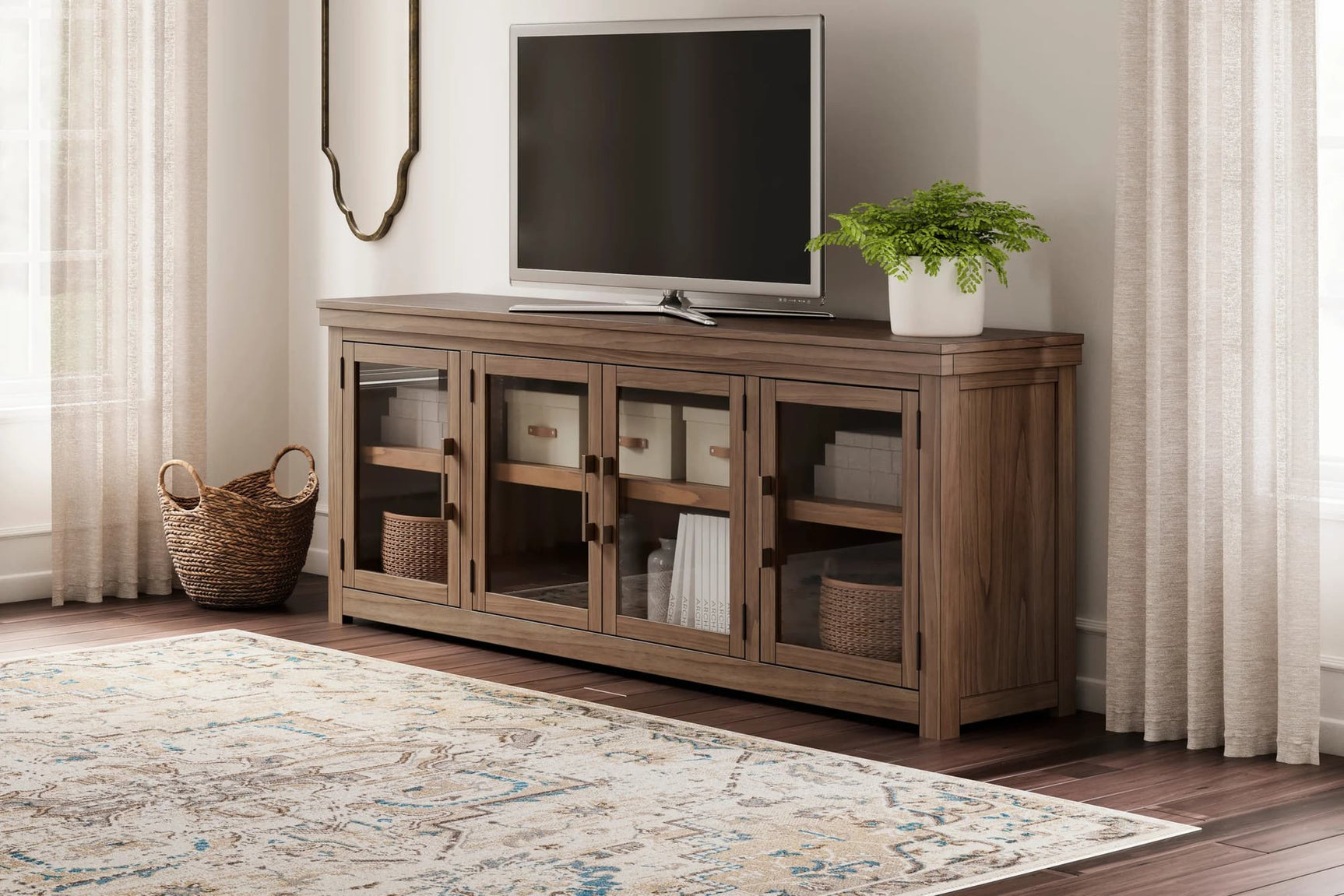 W738-78 TV stand in brown finish showing right side angle