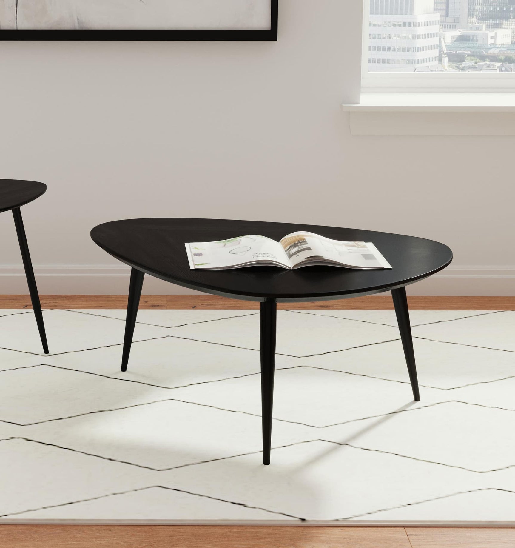 Odessa Triangular Mango Wood Coffee Table Black, front angle view