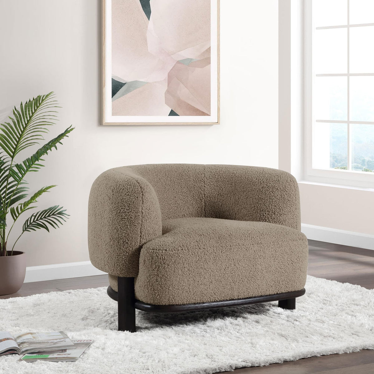 Lawler Upholstered Barrel Back Accent Chair in Mushroom, front angle