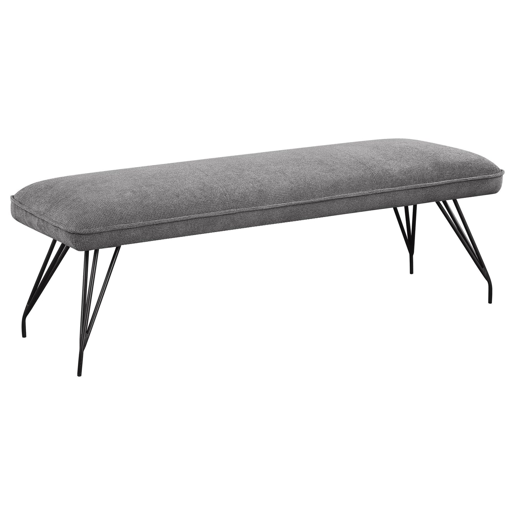 Dodson dining bench front angle with grey fabric upholstery and black hairpin legs