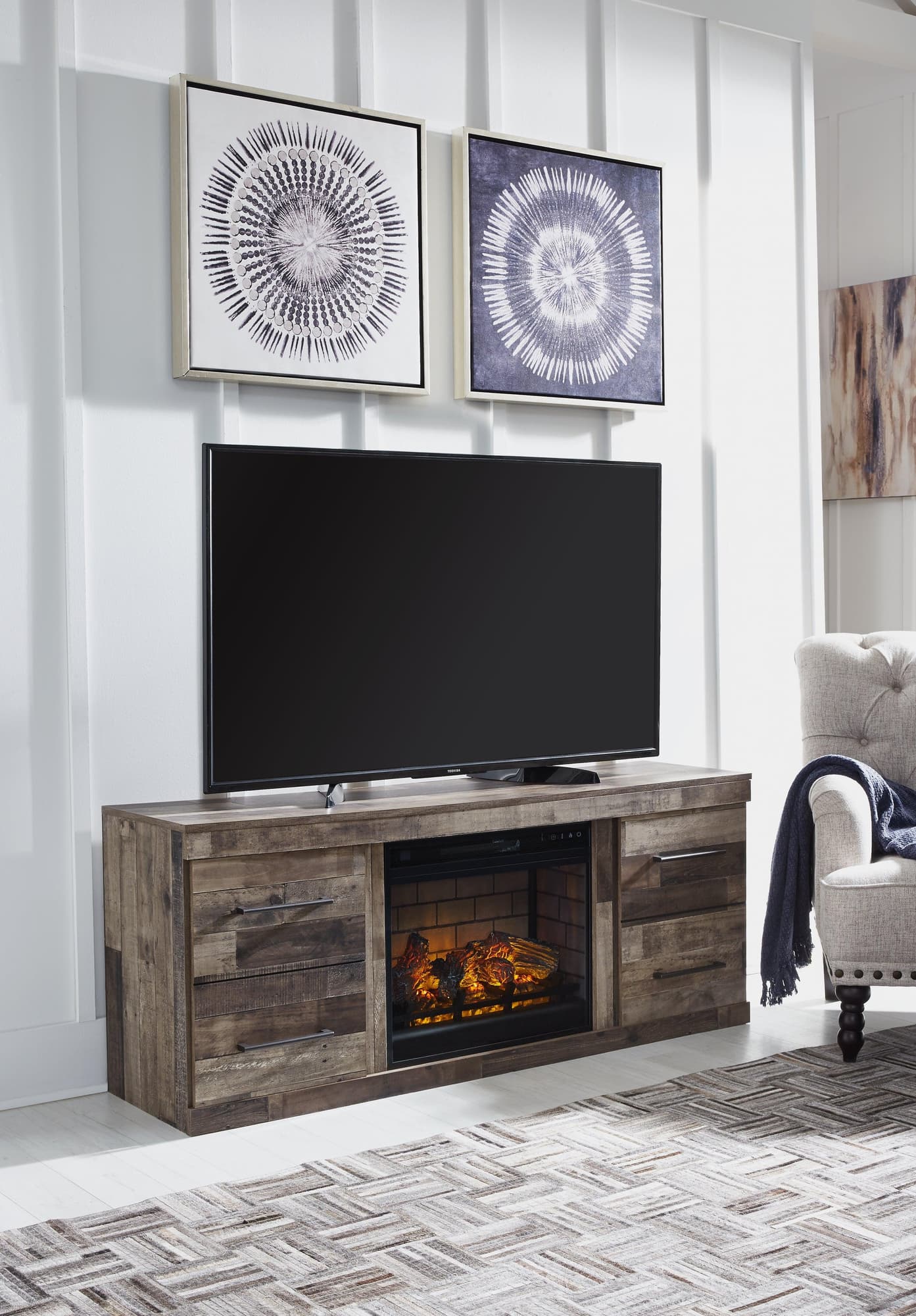 Derekson Multi Gray TV Stand with Electric Fireplace angled view