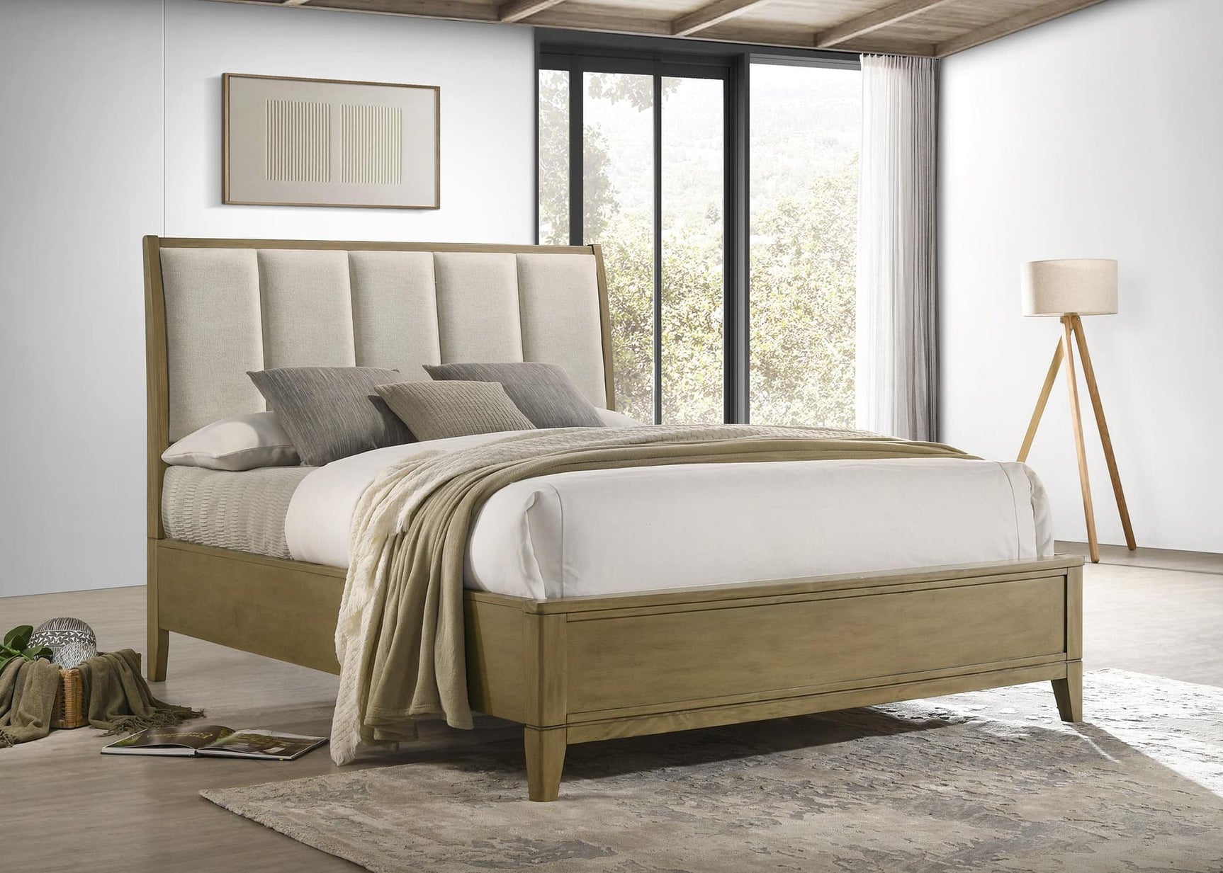 Granada Upholstered Eastern King Panel Bed in Natural Pine front view