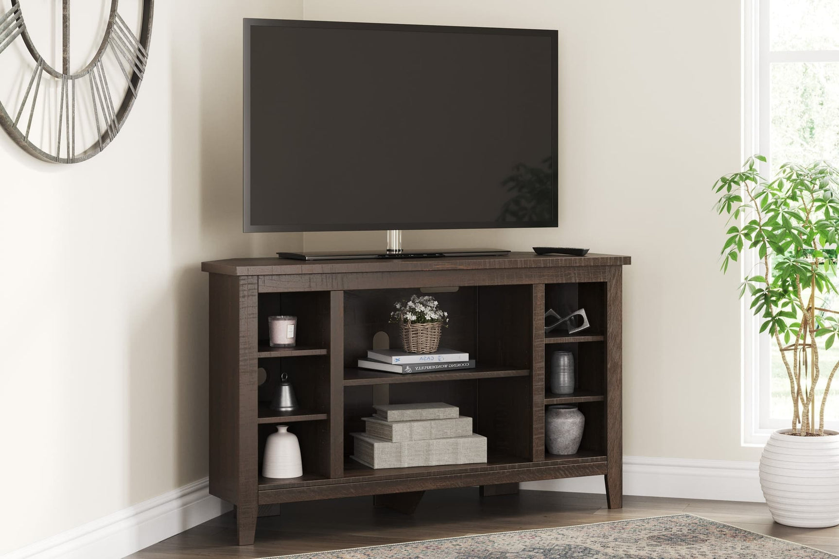 W283-67 Warm Brown Corner TV Stand 48"L front angle