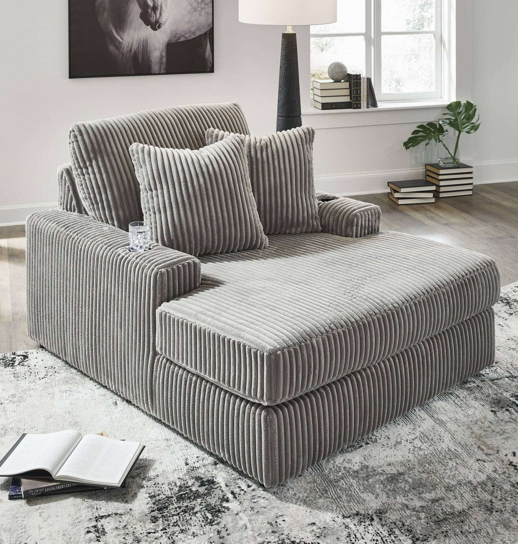 Lindyn Fog Chaise front view showing reversible cushions