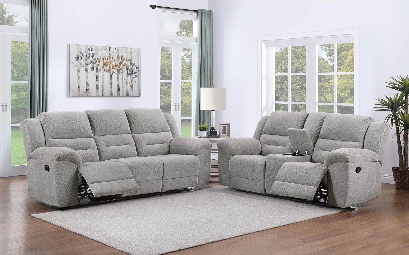 Grimm Gray Reclining Sofa Loveseat front view