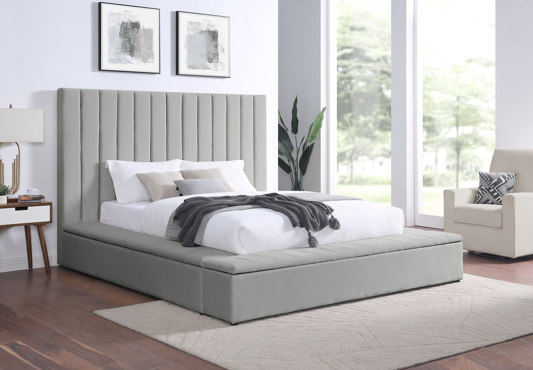 France Gray Velvet Upholstered Storage Platform King Bed front view