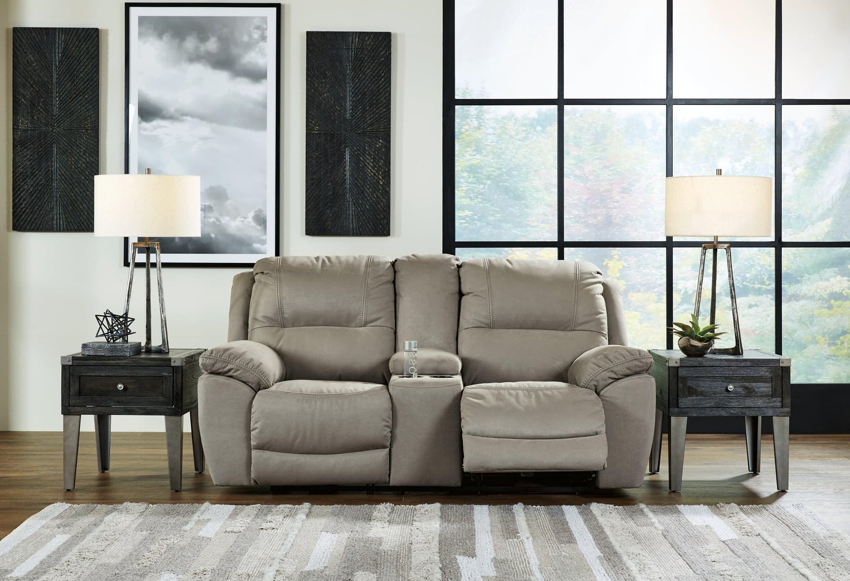 Next-Gen Gaucho putty microfiber reclining loveseat front view with console closed