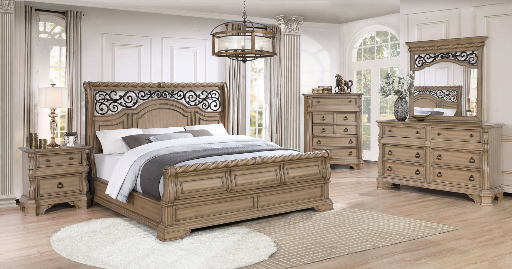 Ben Light Brown Sleigh Bedroom Set bed in light brown finish, angled front view