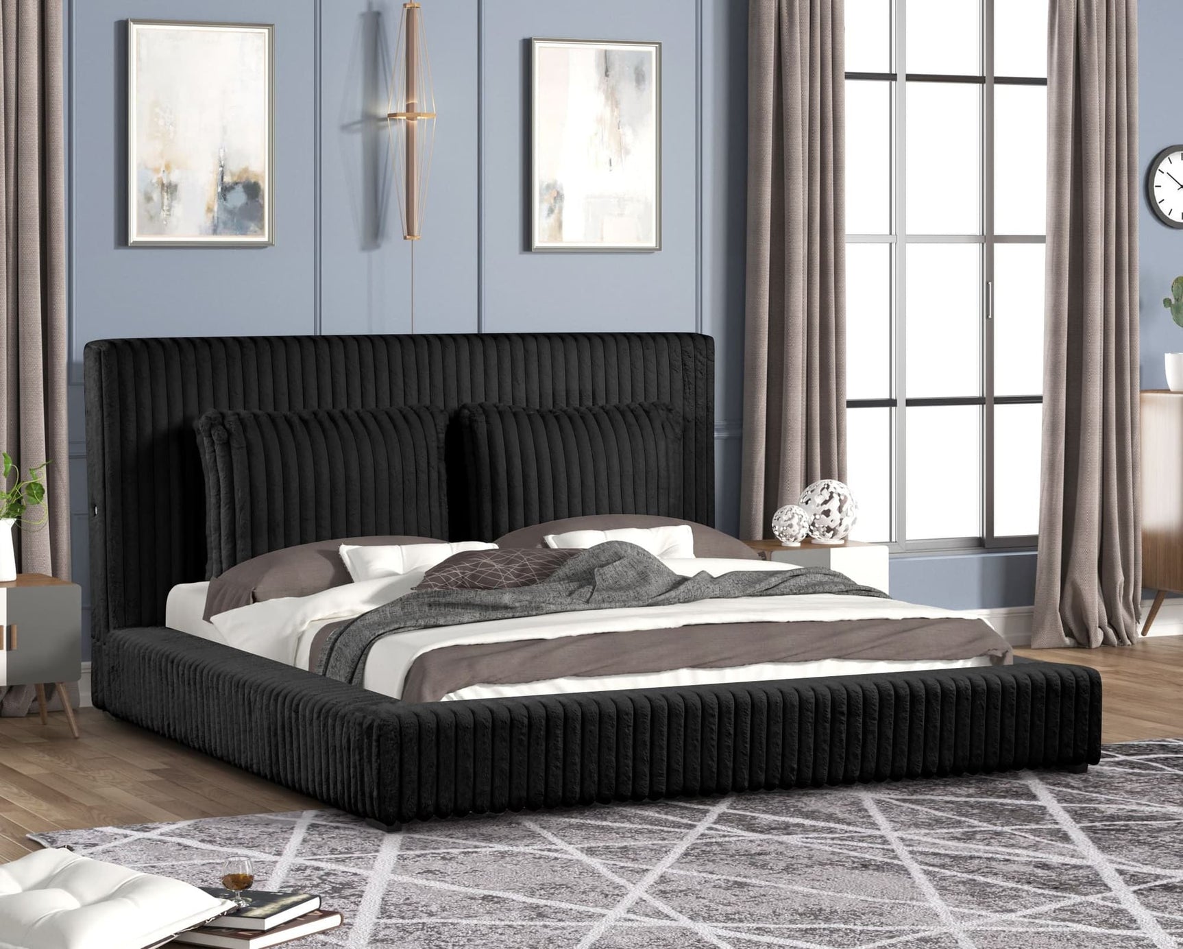 Lauren Black Upholstered Platform King Bed front view
