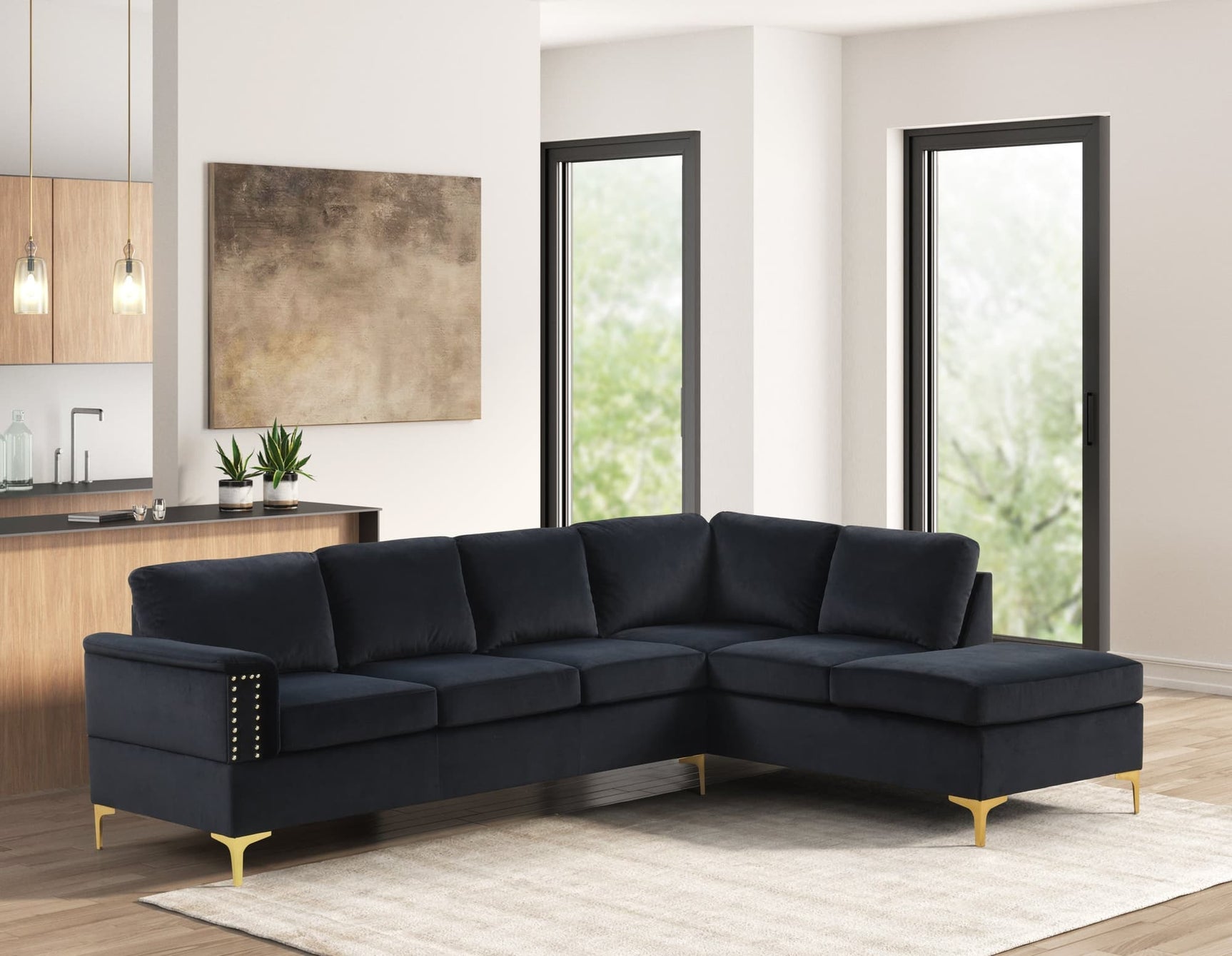 Vogue Black Velvet Sectional Sofa main frontal view