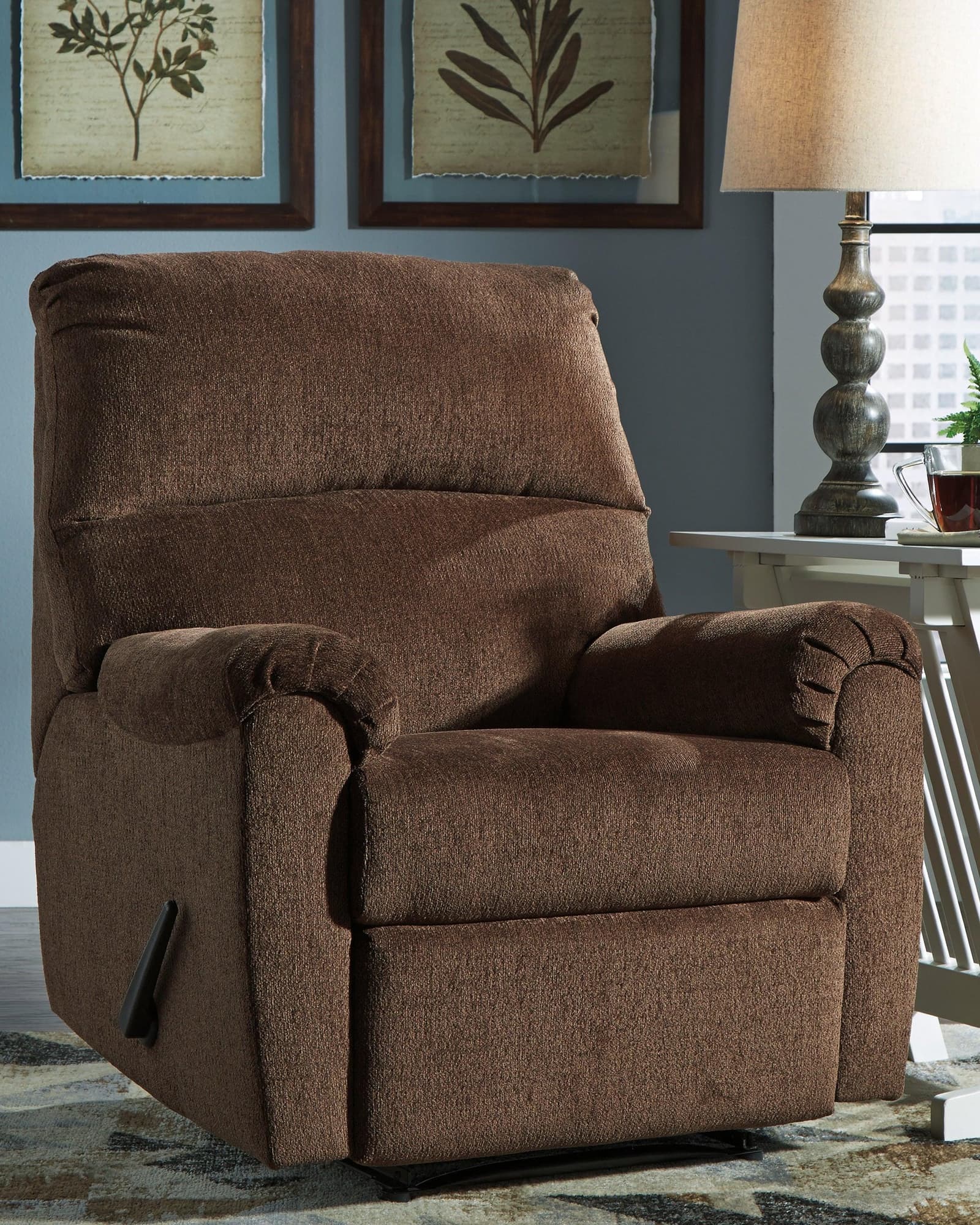 Nerviano Chocolate Chenille Recliner front view in chocolate fabric