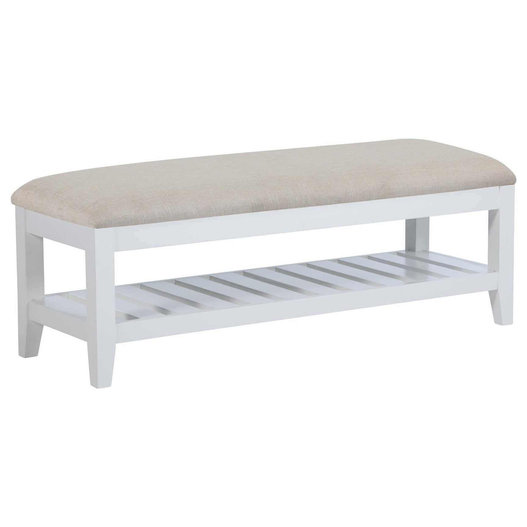 Bexhill Upholstered Rectangular Bench front angle with white fabric cushion and shelf
