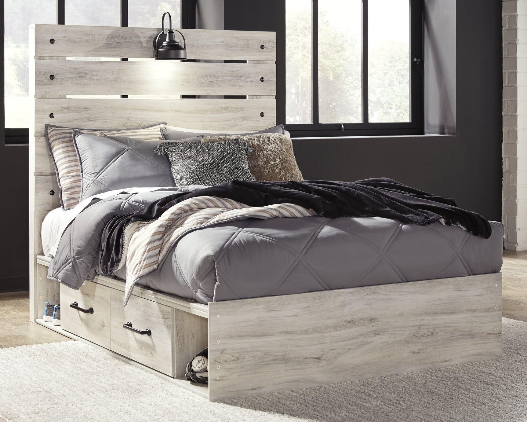 Full view of Cambeck whitewash full panel bed with 2 storage drawers