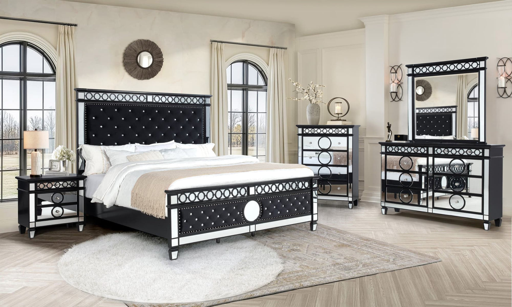 Baron black velvet upholstered tufted panel bed front view