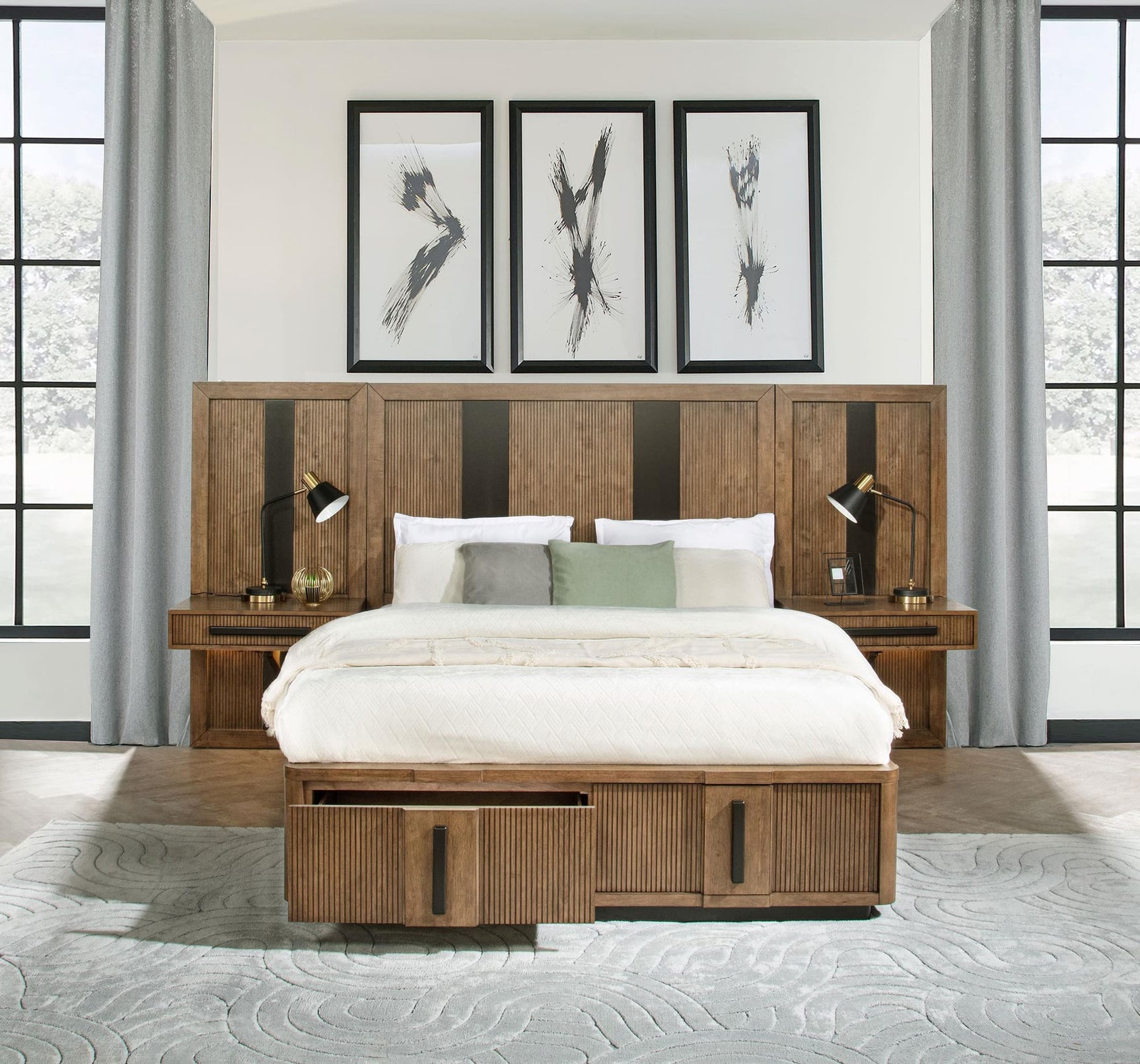 Terrace Eastern King Wall Panel Storage Bed Ash Brown front angle