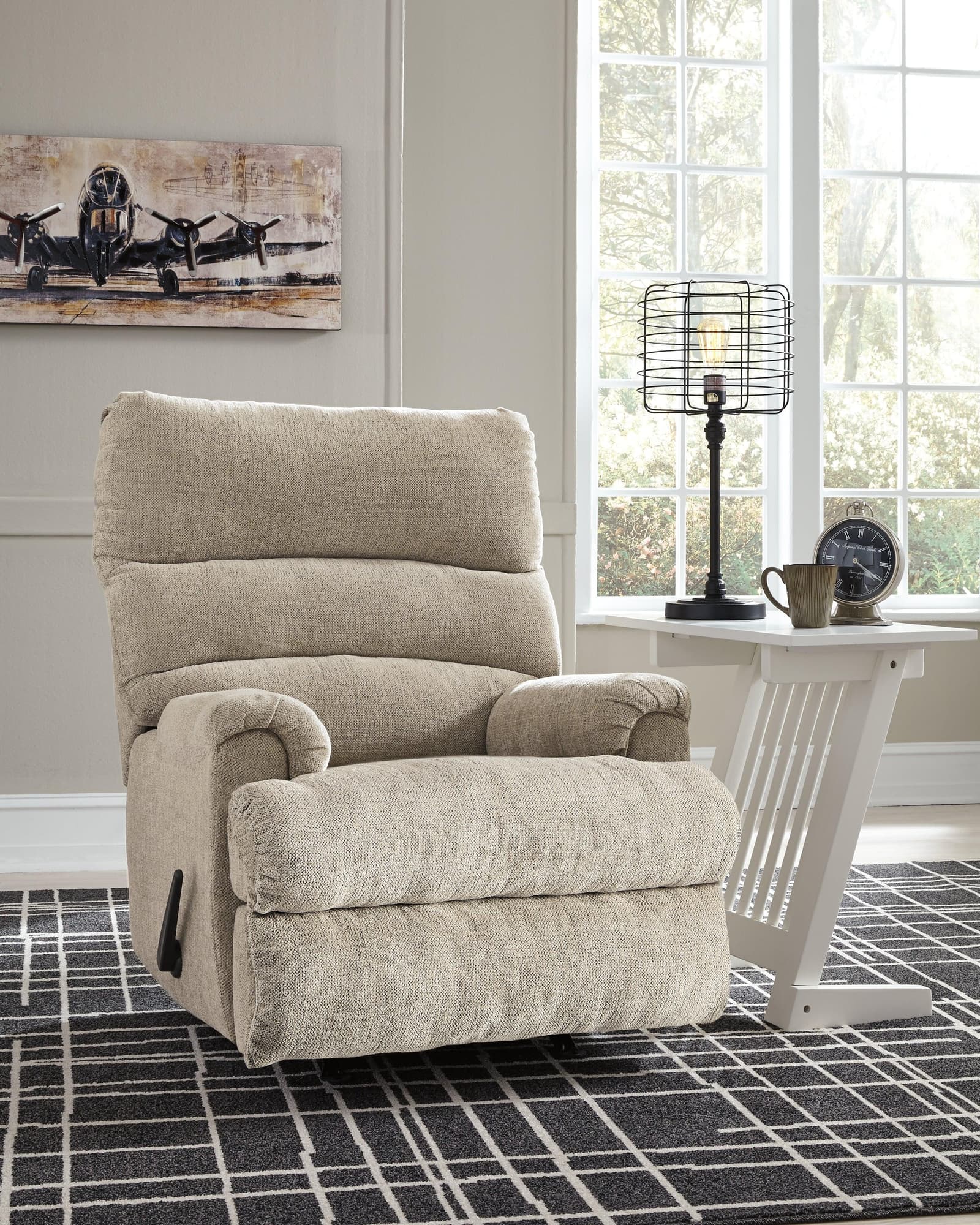 Front view of Man Fort Dusk chenille recliner