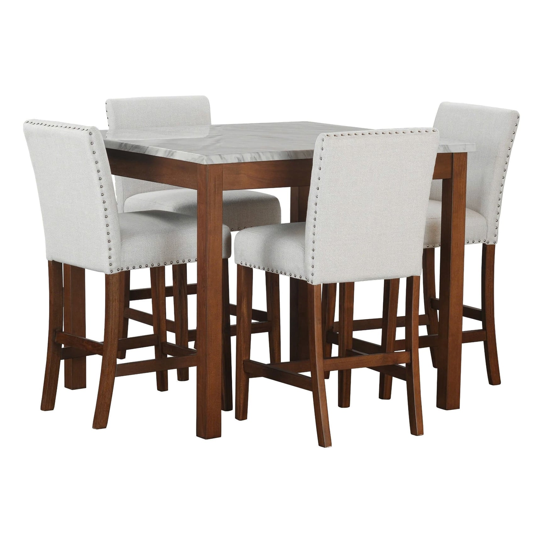 Dior Cherry pub table with four linen chairs, front view