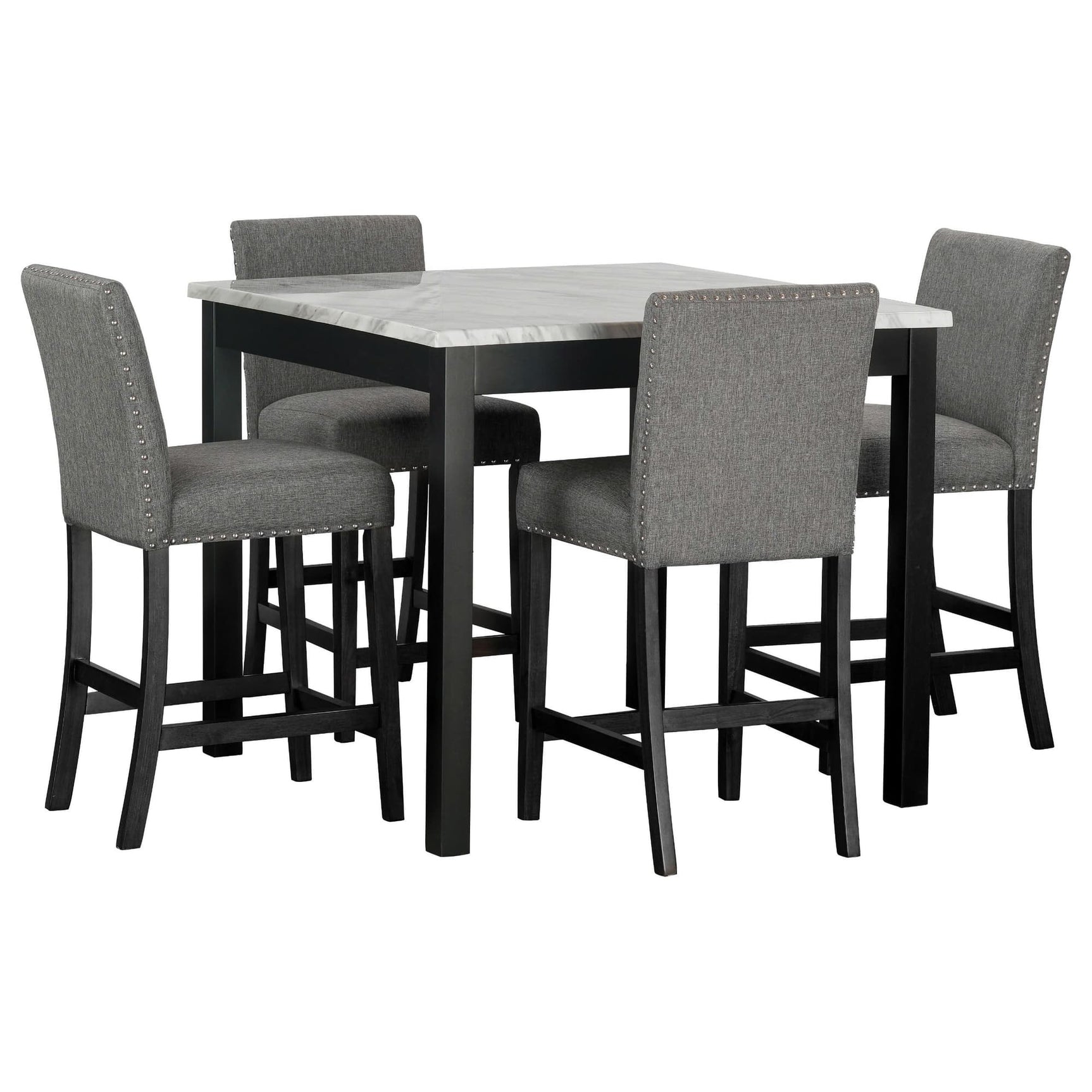 Dior Gray pub table with faux marble top and four linen chairs, front view