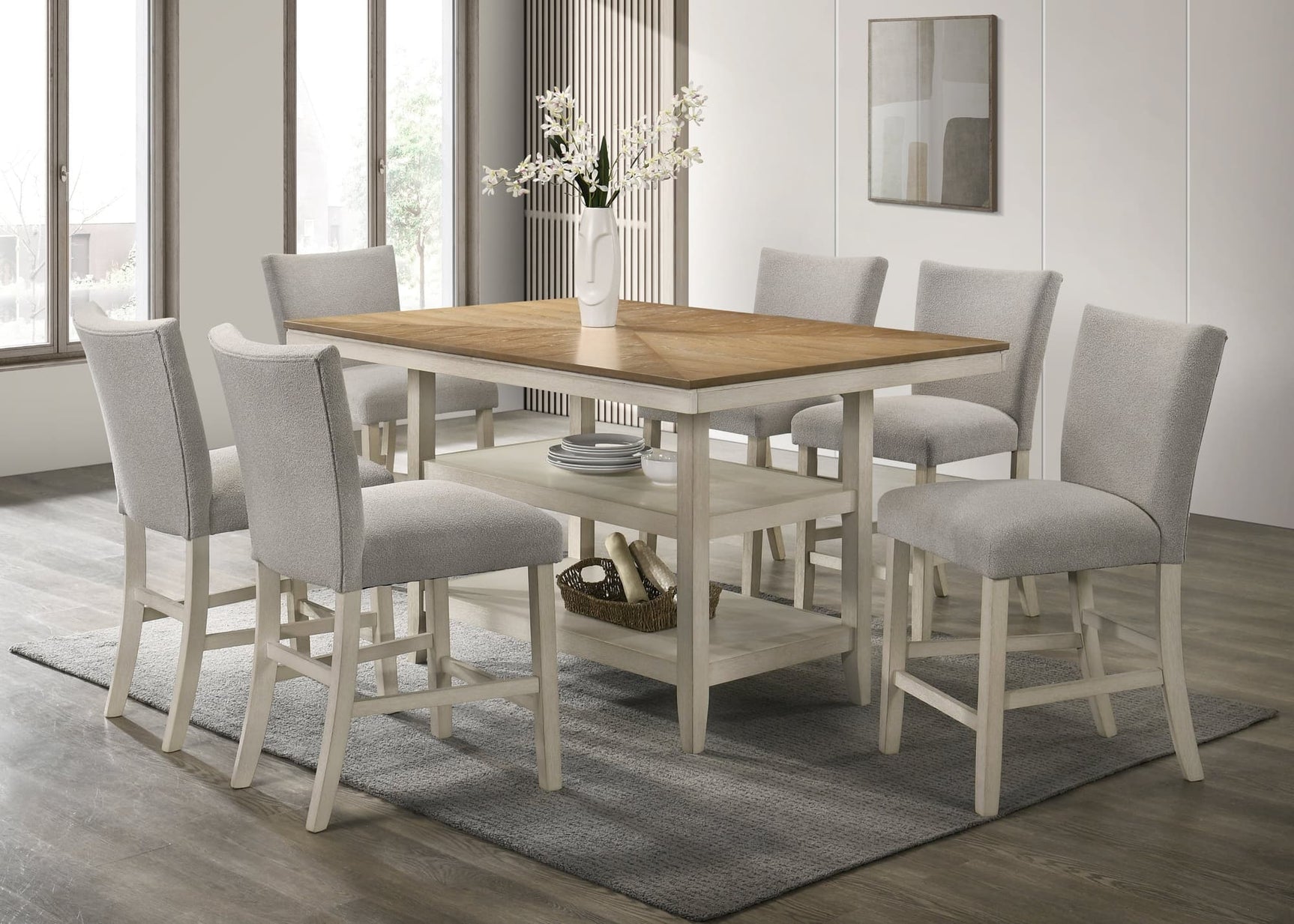 Marton light gray counter height dining table with six chairs front view