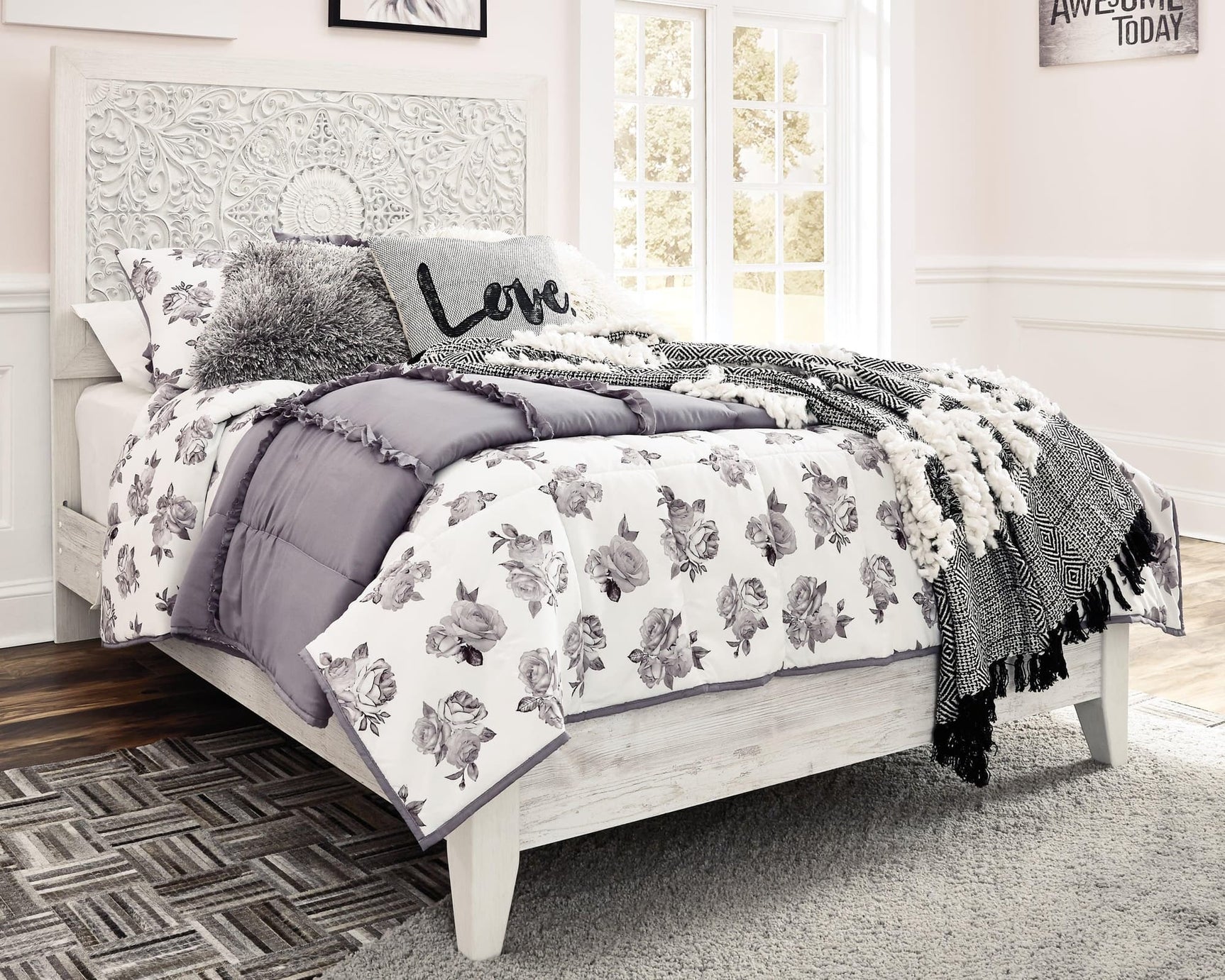 Paxberry Whitewash Full Panel Bed side view showing headboard and slatted rails
