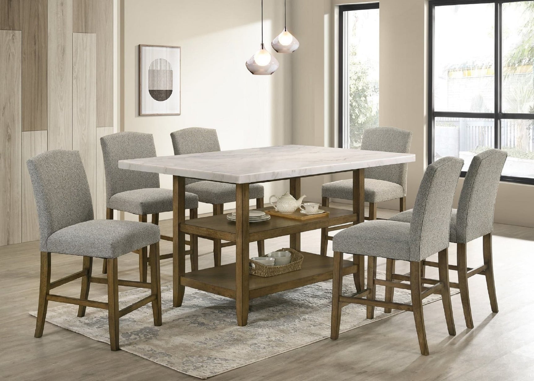 Lola gray genuine marble counter height dining table with six chairs in main view