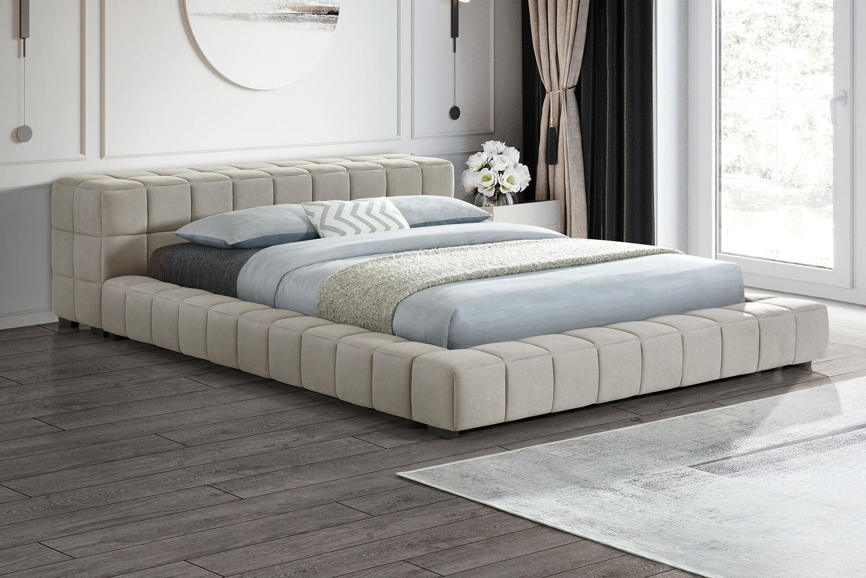Trinity Upholstered Queen Platform Bed Light Taupe front view