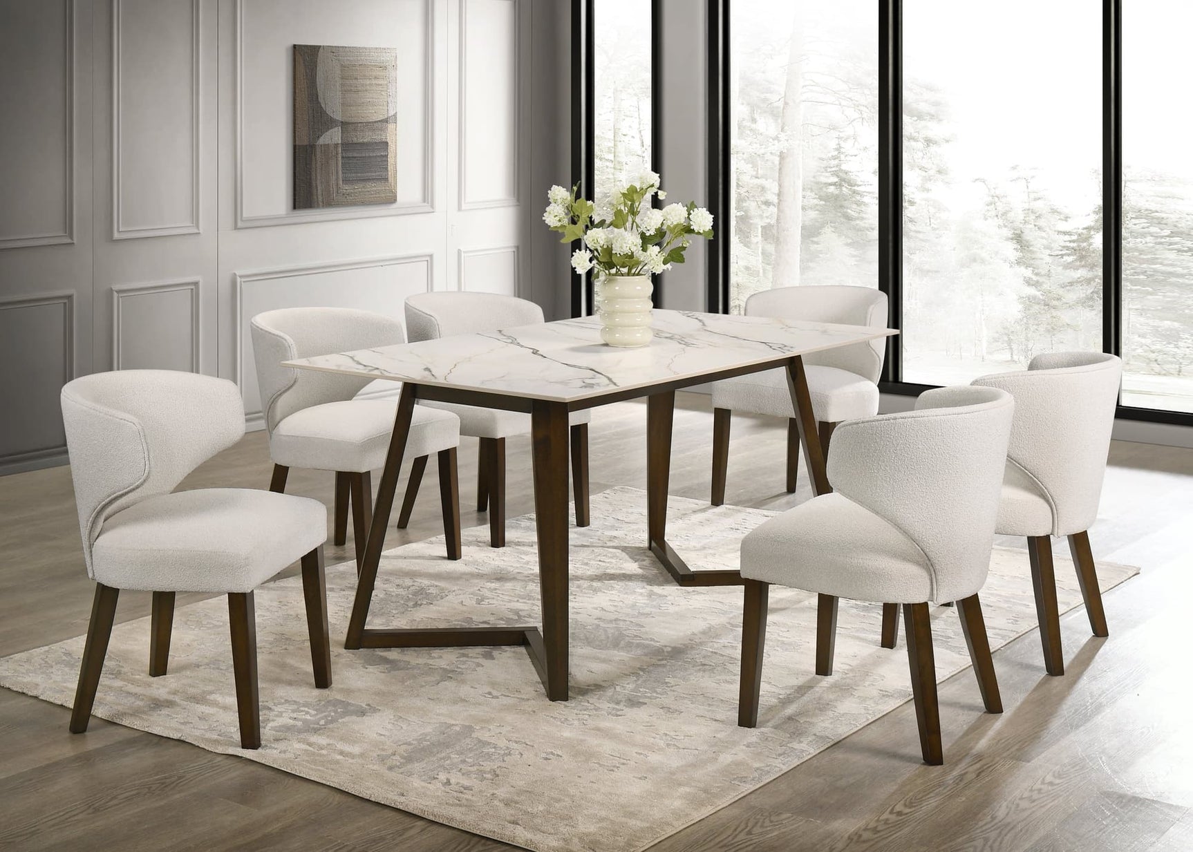 Cava White Dining Table with 6 Chairs set - front angle