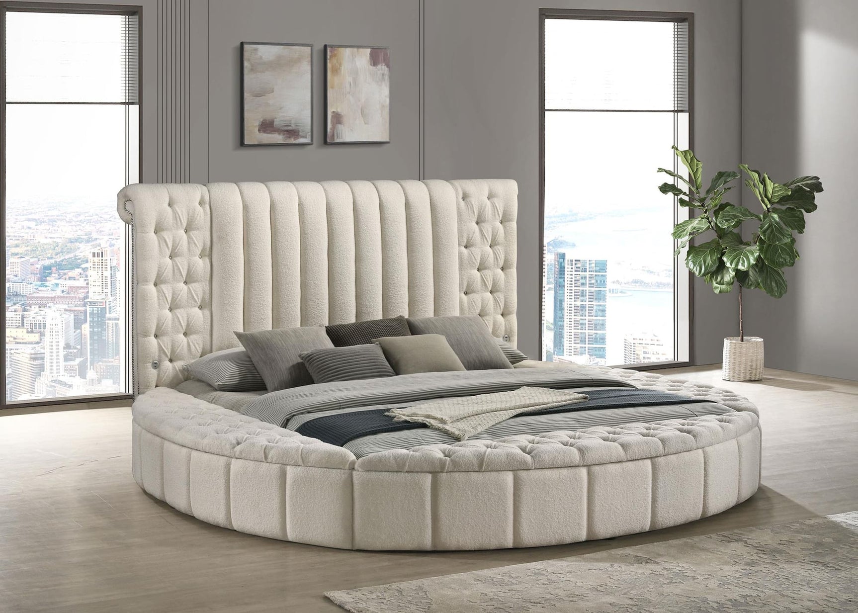 Sonya Upholstered Eastern King Round Storage Bed Ivory front view