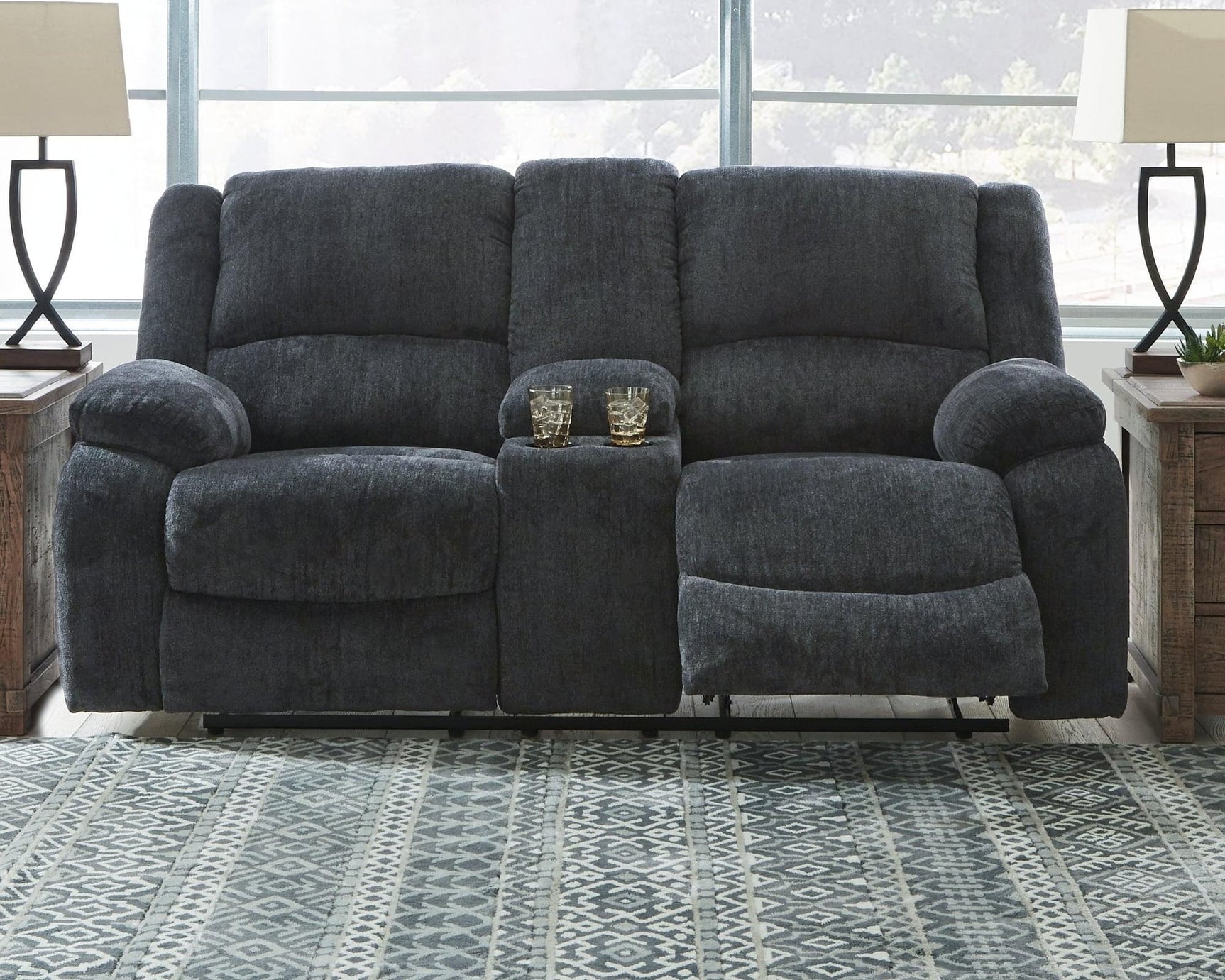 Draycoll Slate Chenille Reclining Loveseat with Console front angle