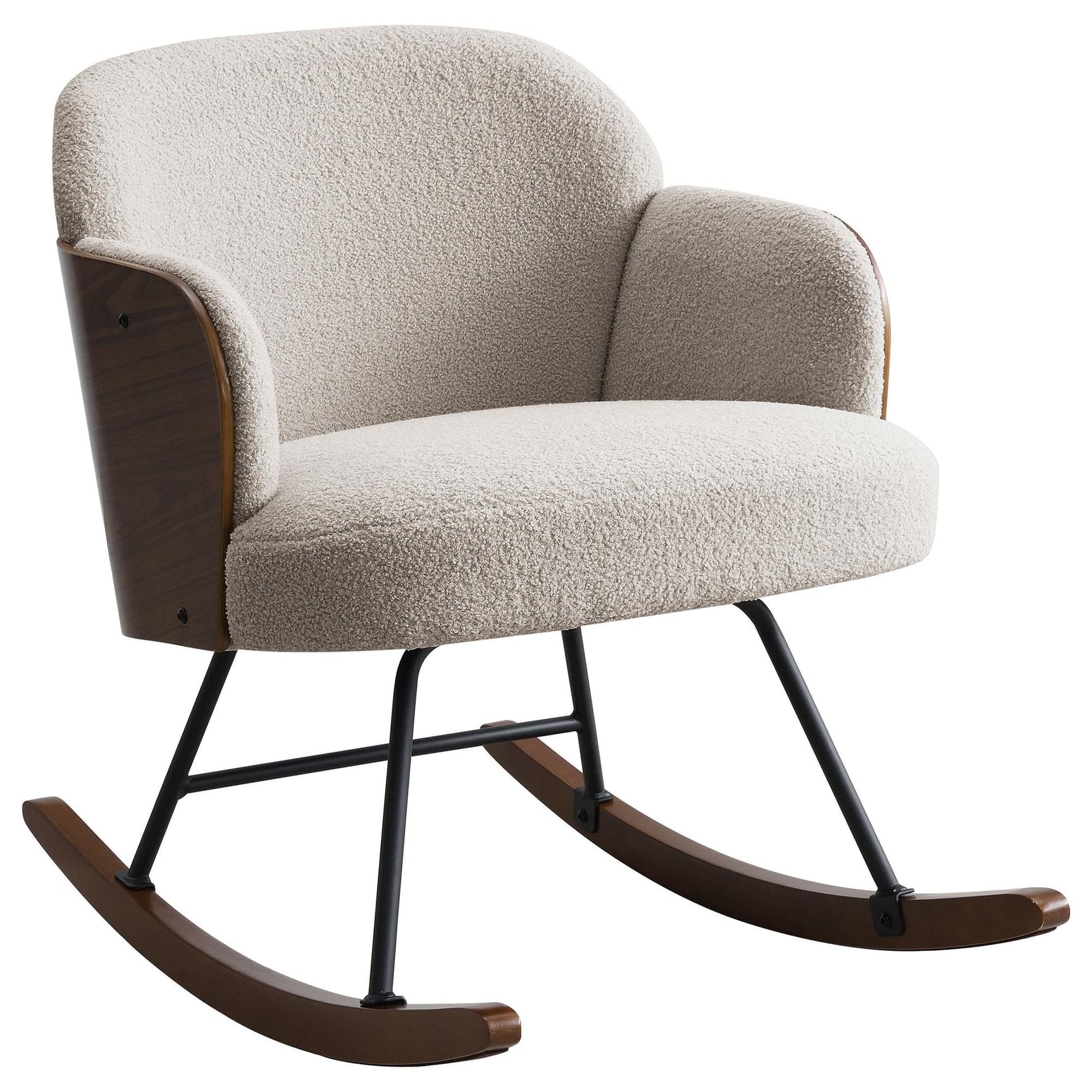 Paige Boucle upholstered beige mid-back rocking chair, front angle