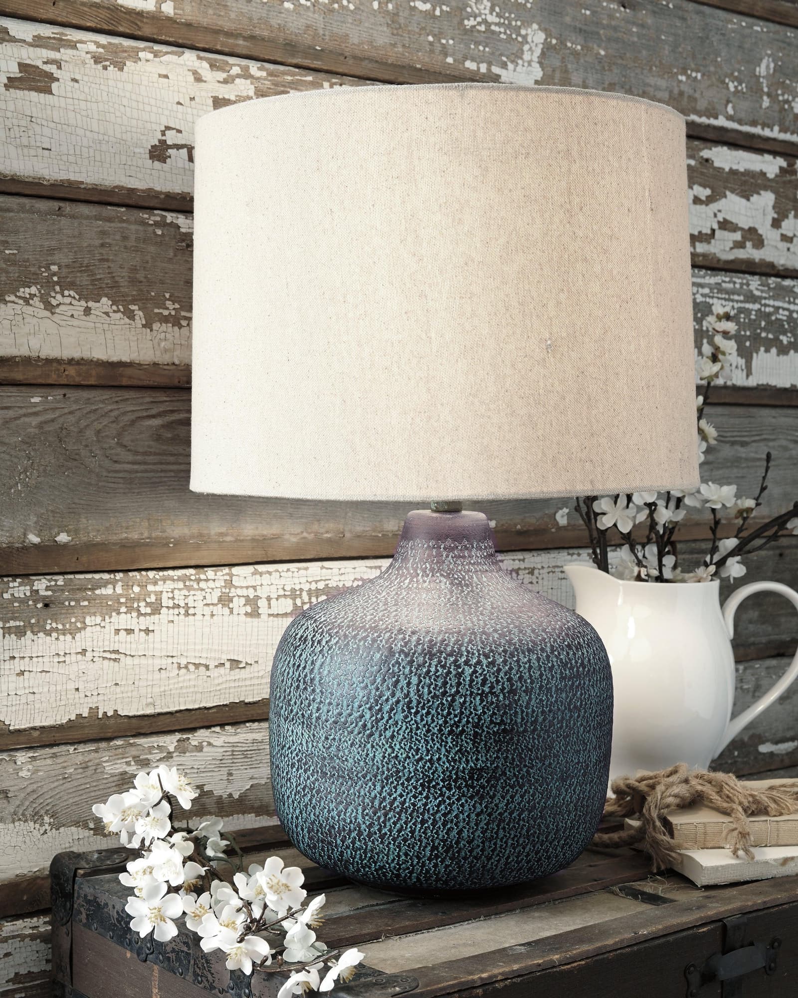 Malthace Patina Table Lamp side view showing hammered aluminum base and drum shade