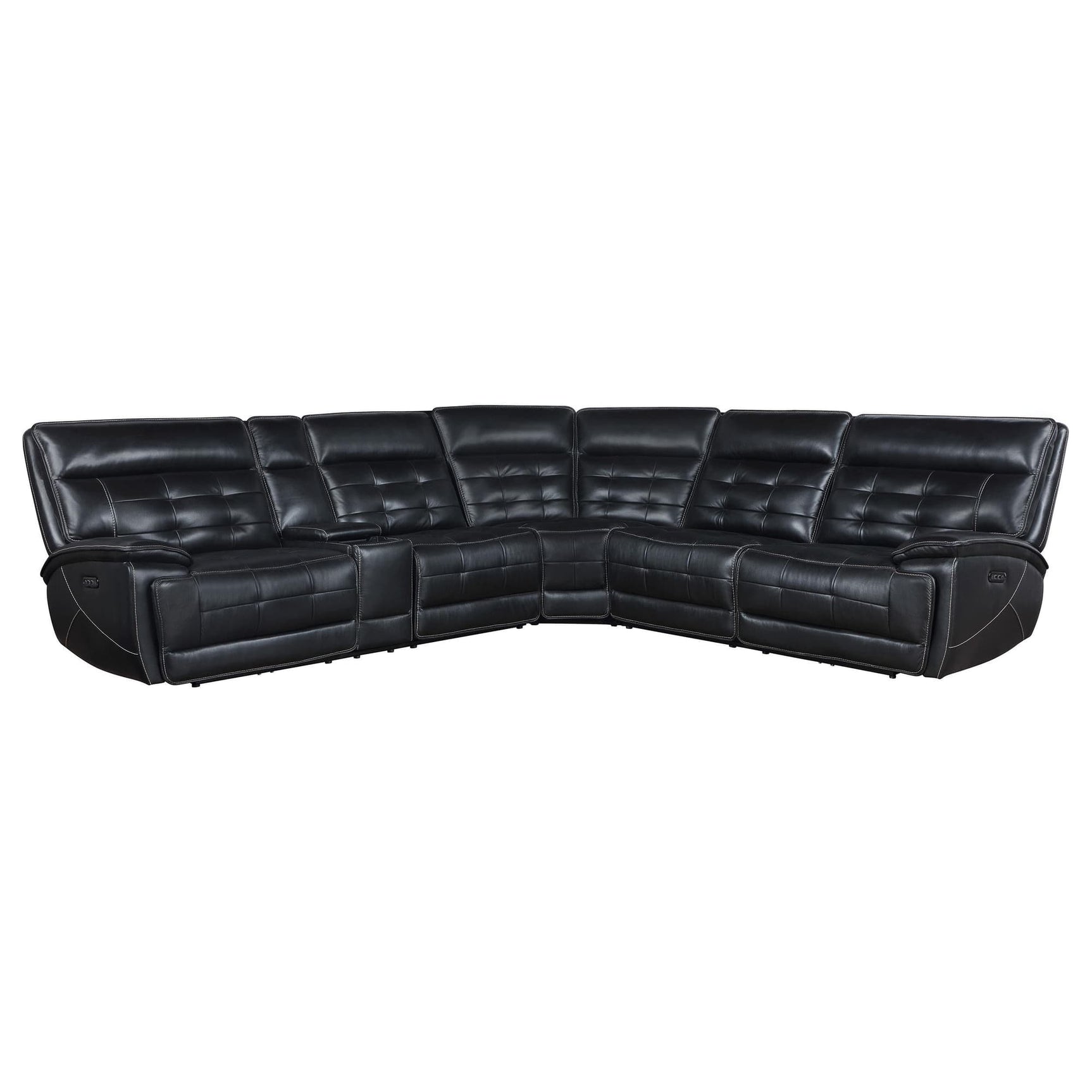 Hewitt black leather power reclining sectional sofa front view