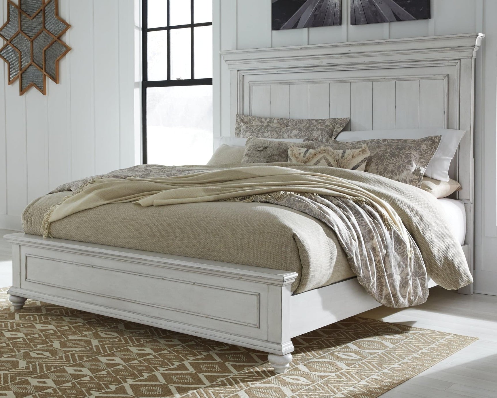 Kanwyn Whitewash Queen Panel Bed front view showing distressed finish