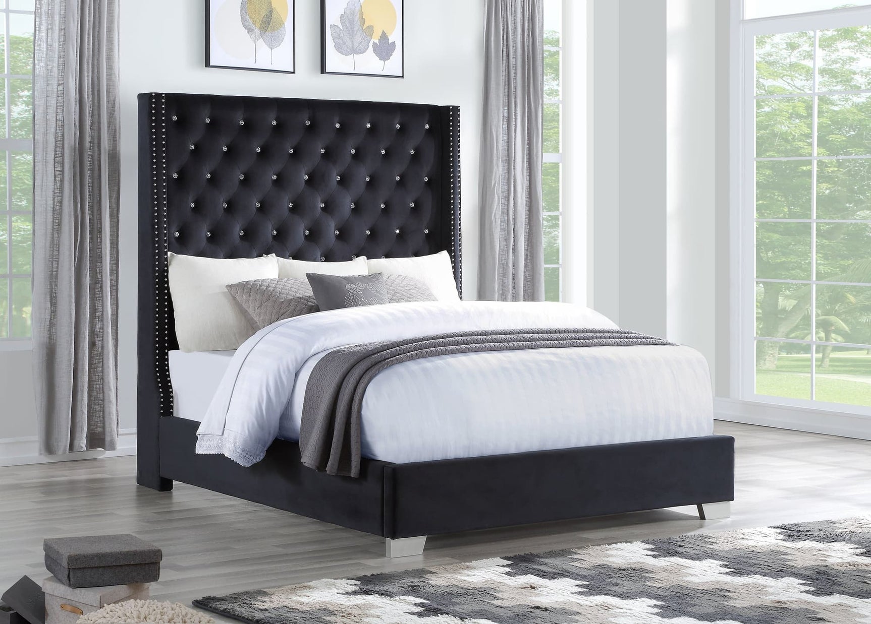 Lomuna Black Velvet Upholstered Tufted Queen Bed facing front