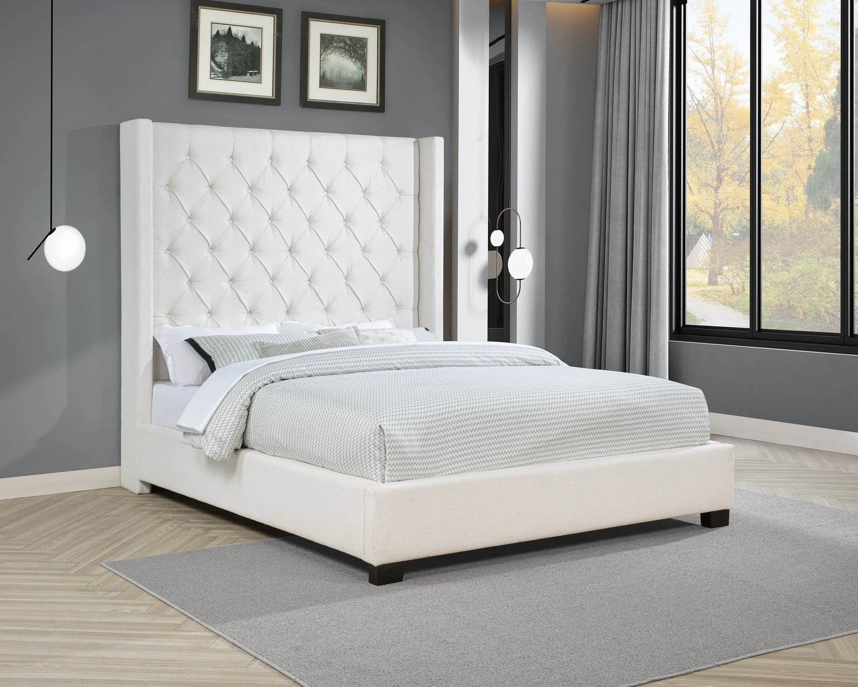 Henri Ivory upholstered tufted queen bed, front angle