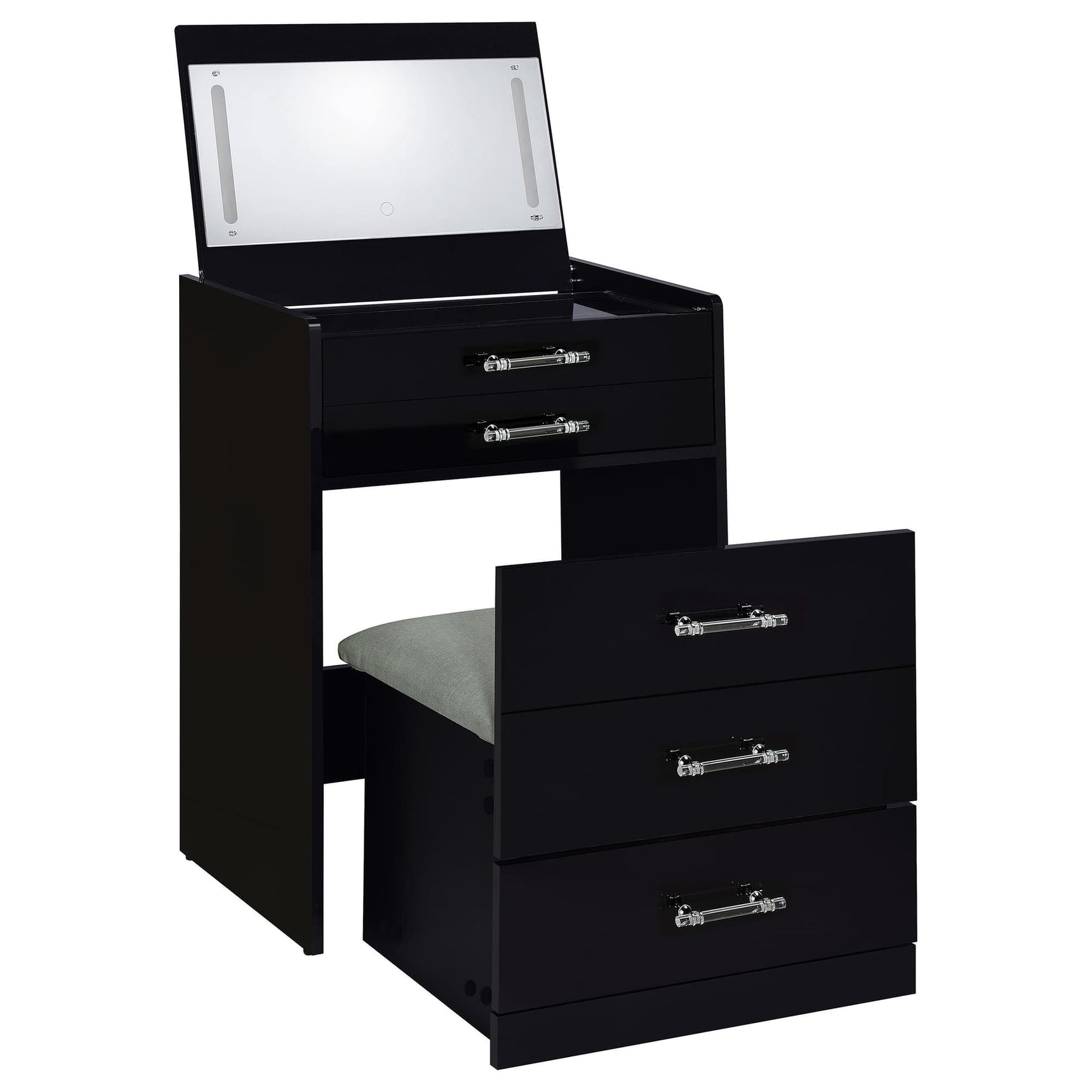 Danbury black high gloss makeup vanity front view with mirror open