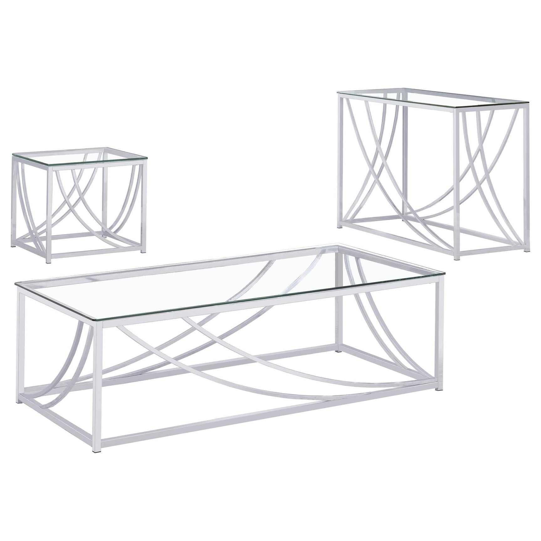 Lille 3-piece glass top coffee, end, and sofa table set with chrome bases, front angle