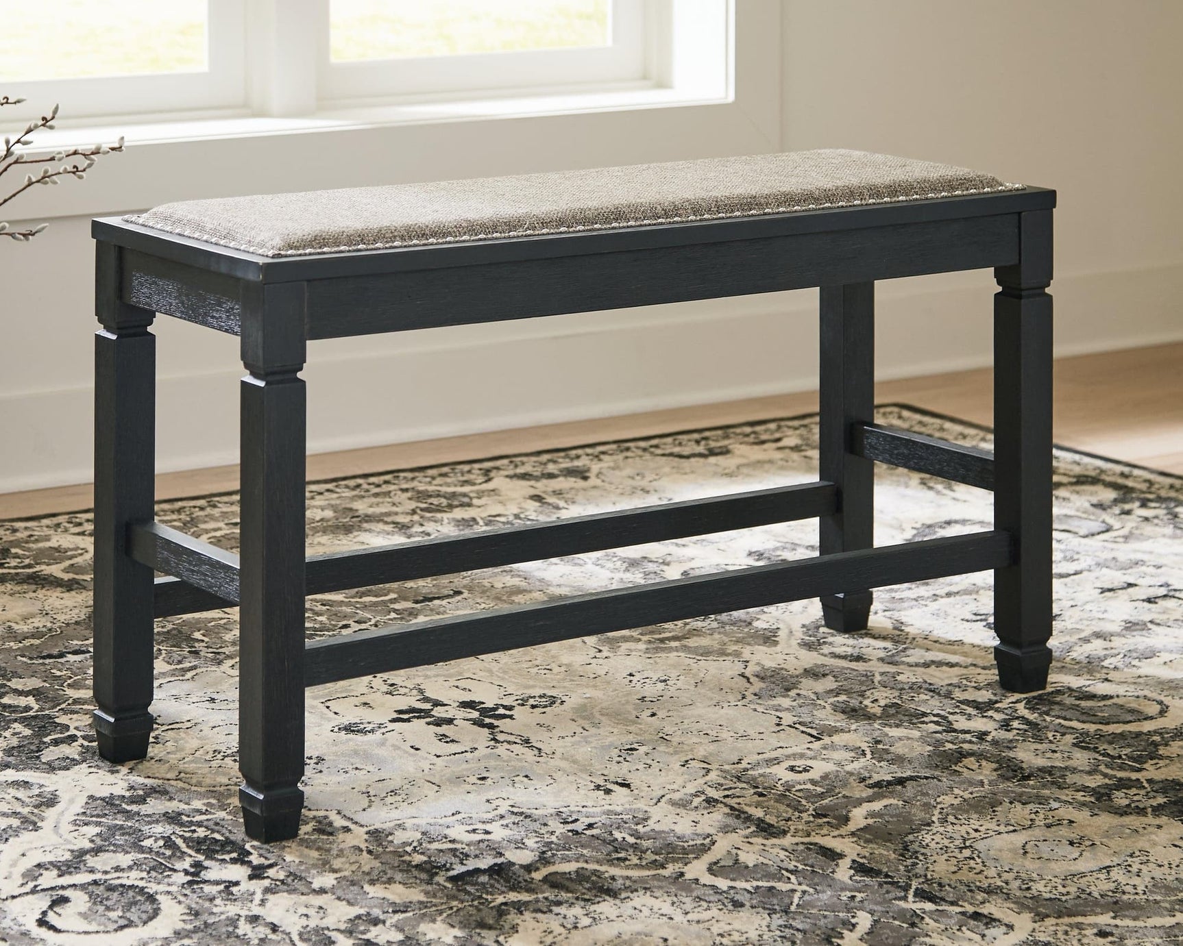 Tyler Creek Antique Black Counter Height Upholstered Dining Bench front view