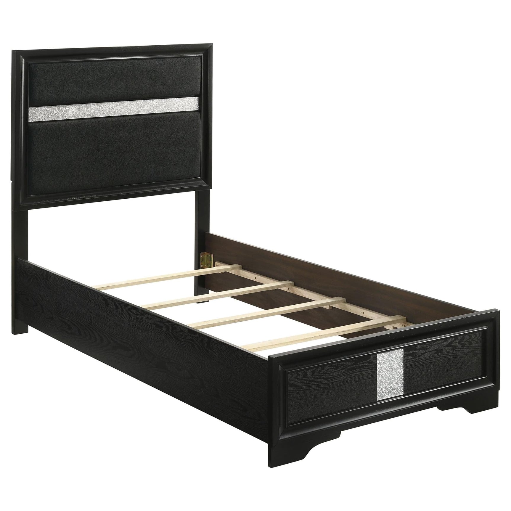 Miranda upholstered twin panel bed in black, front view showing headboard
