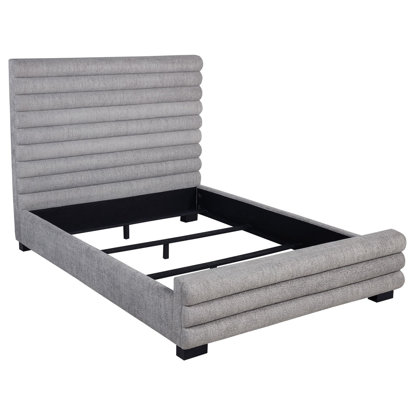 Patricia queen bed upholstered in grey boucle fabric with tall channel-tufted headboard