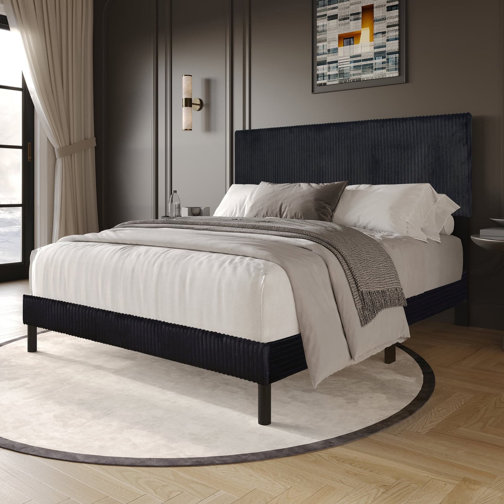 Helen Black Cord Fabric Full Platform Bed front view