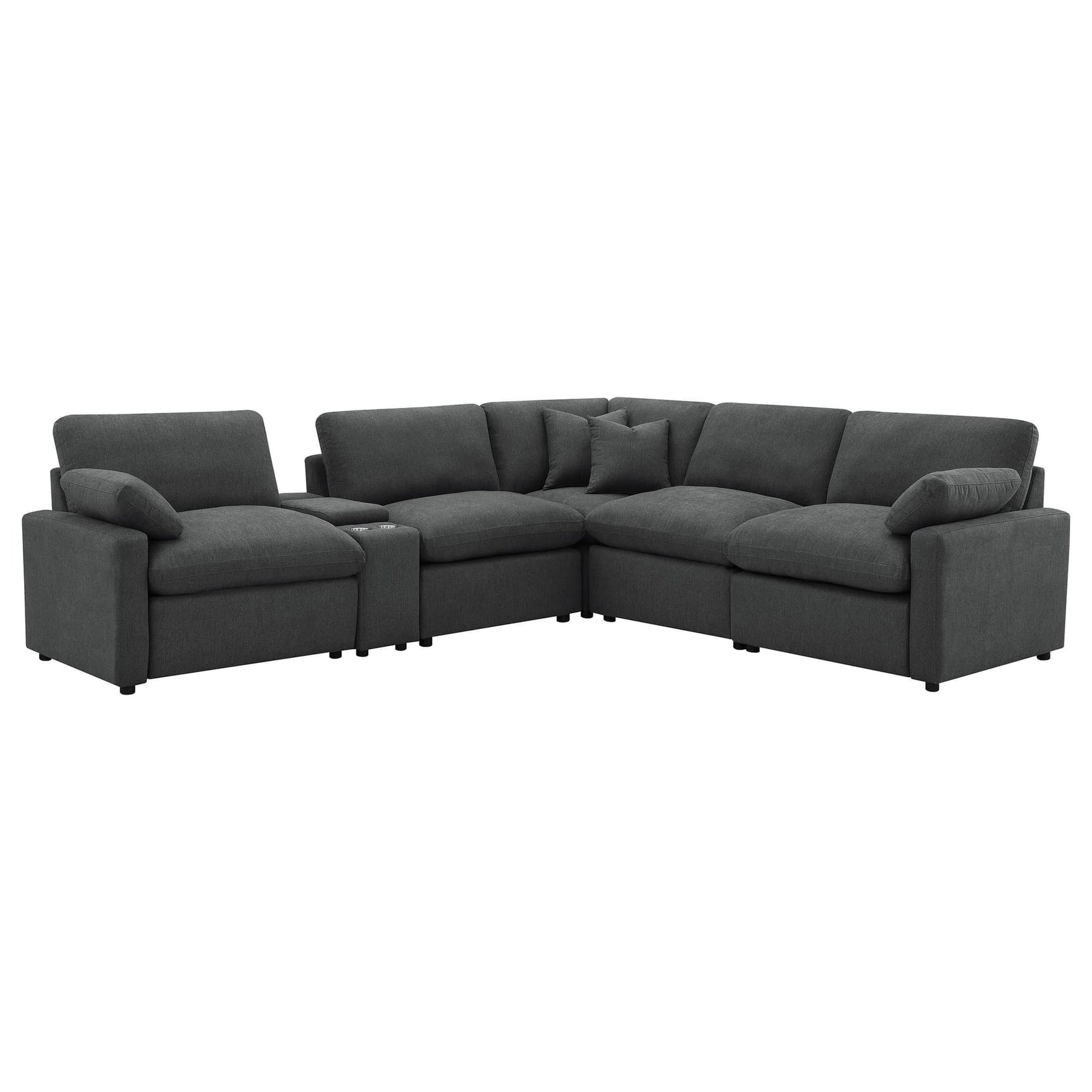 Collins 6-piece Modular Power Reclining Sectional in dark grey fabric, angled front view