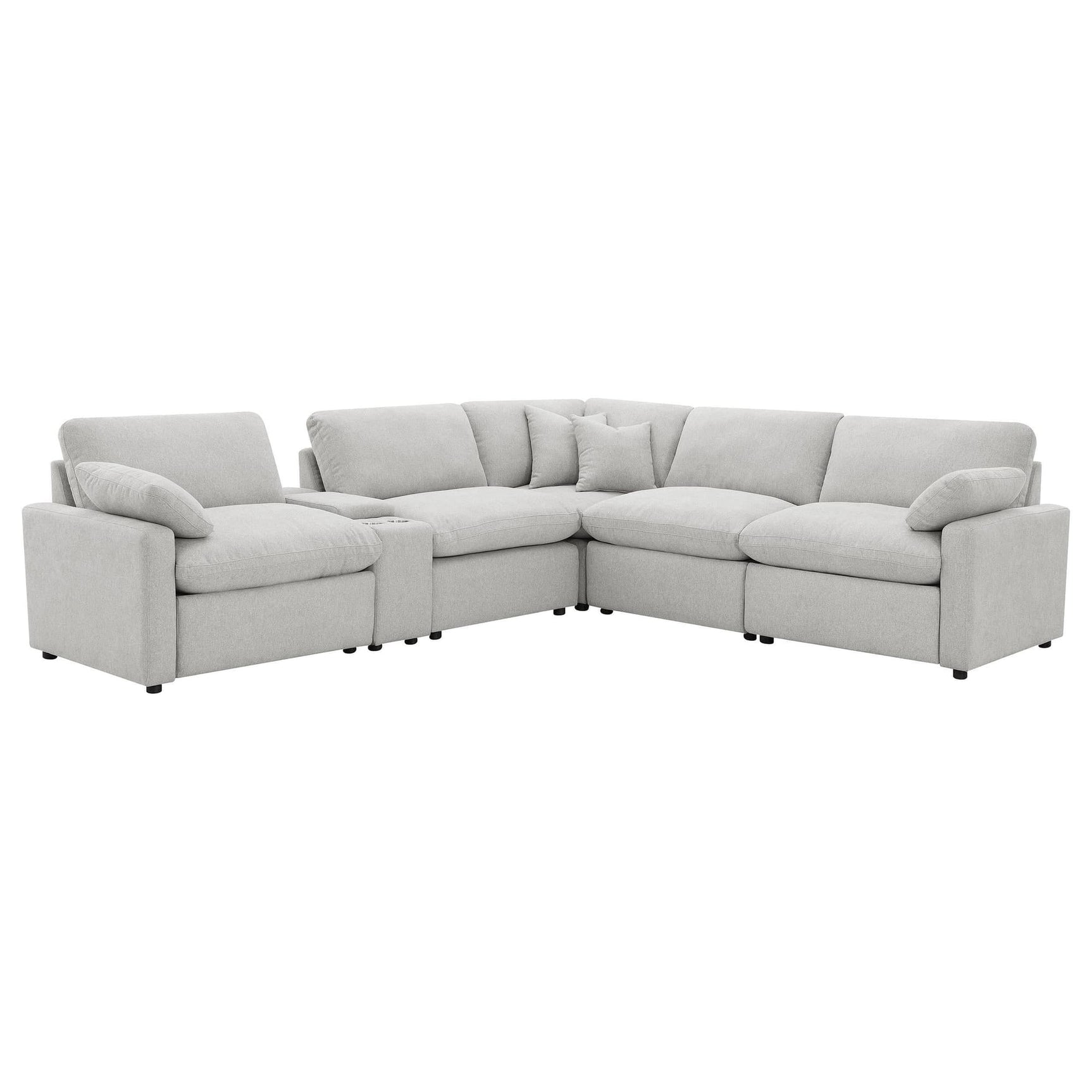 Collins 6-piece modular power reclining sectional in grey fabric, front view